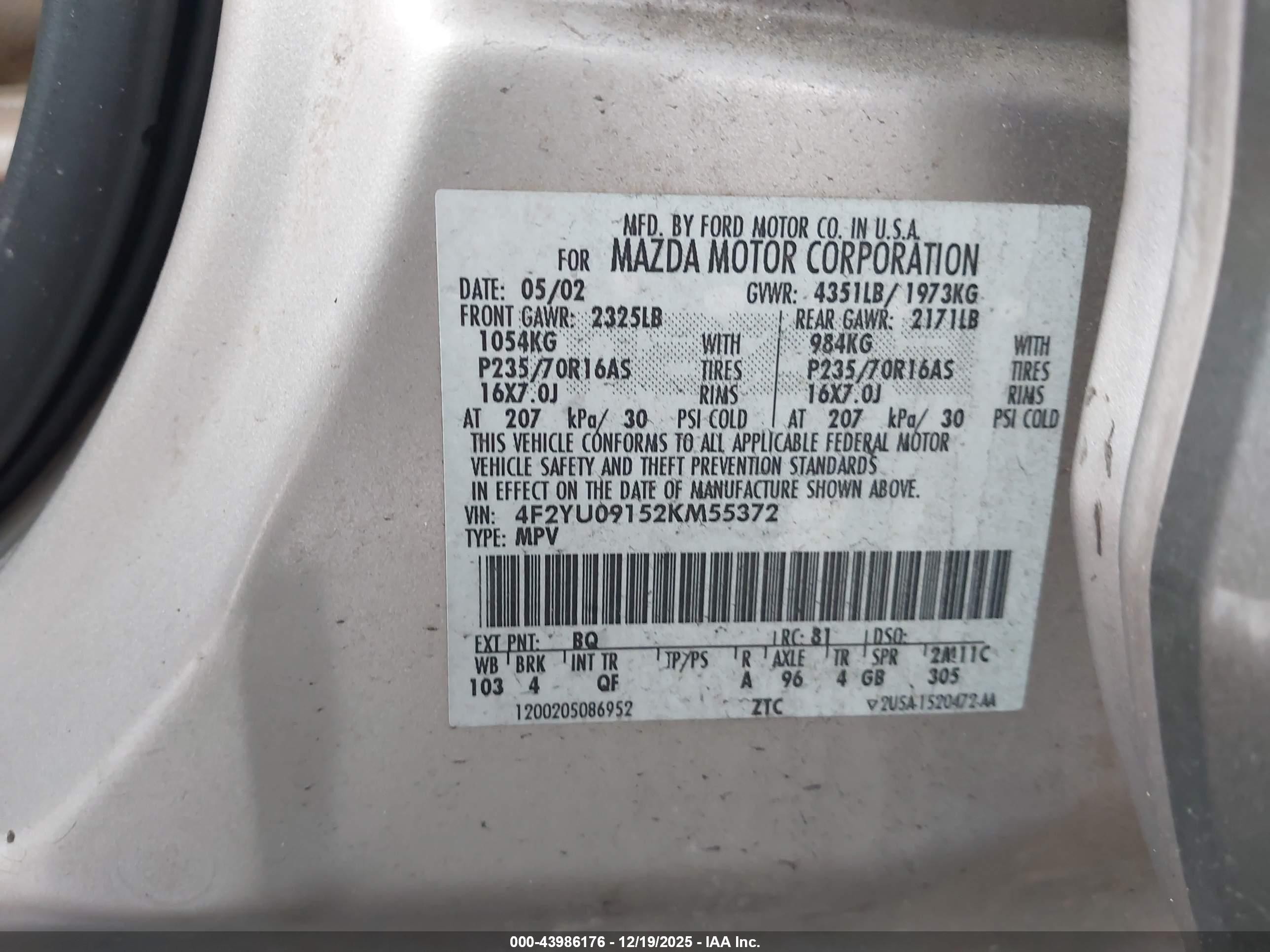 2002 Mazda Tribute Es V6/lx V6 Gray vin: 4F2YU09152KM55372