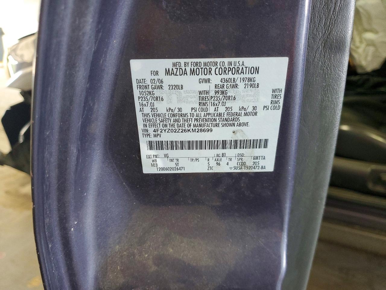 2006 Mazda Tribute I Угольный vin: 4F2YZ02Z26KM28699