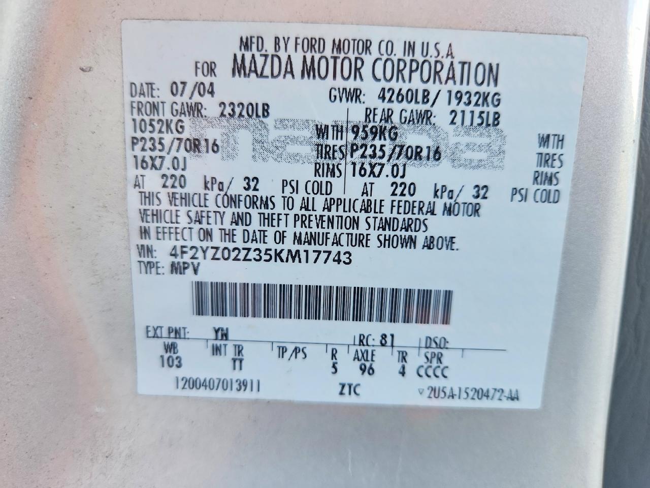 2005 Mazda Tribute I Серебряный vin: 4F2YZ02Z35KM17743