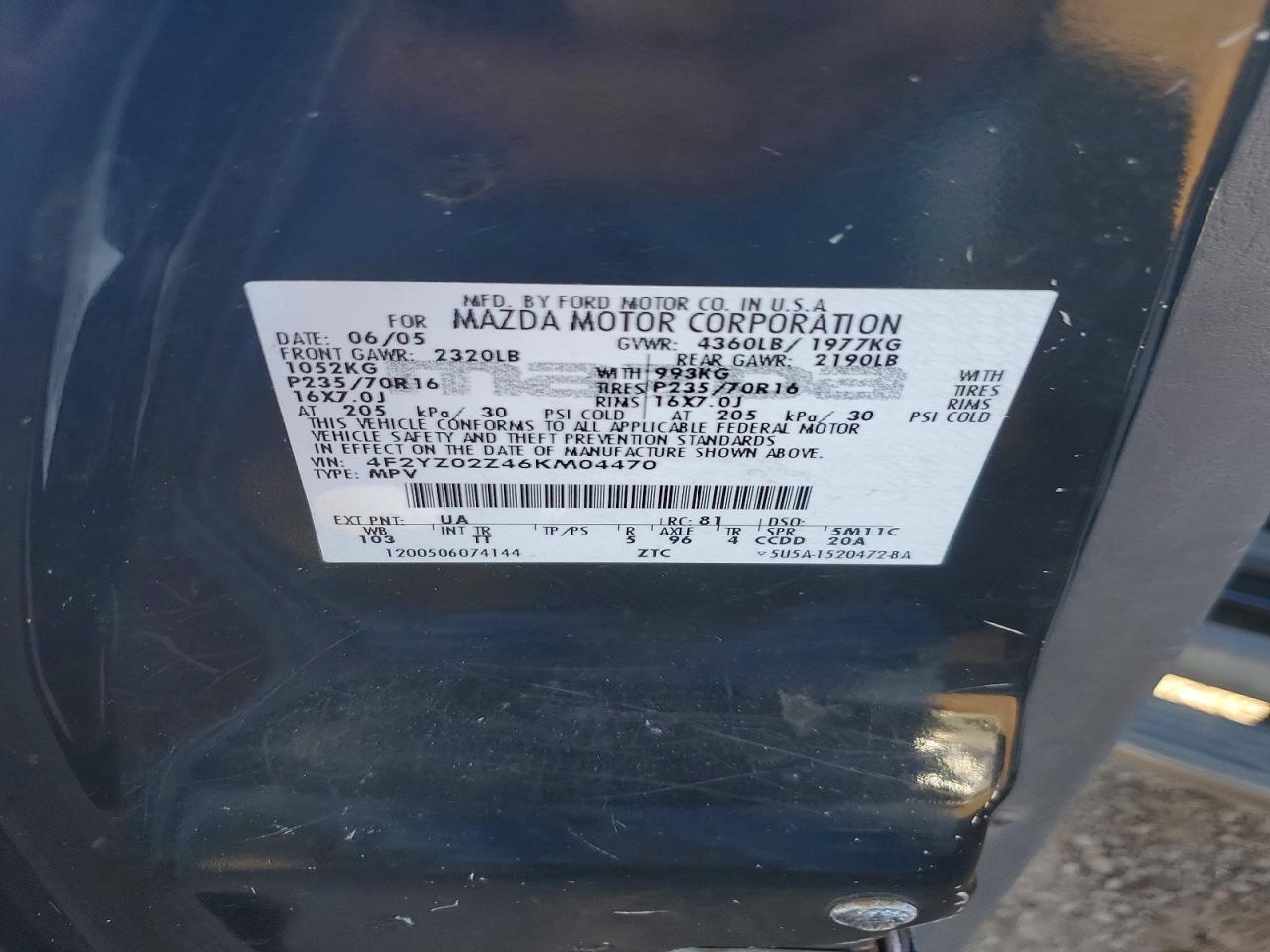 2006 Mazda Tribute I Black vin: 4F2YZ02Z46KM04470