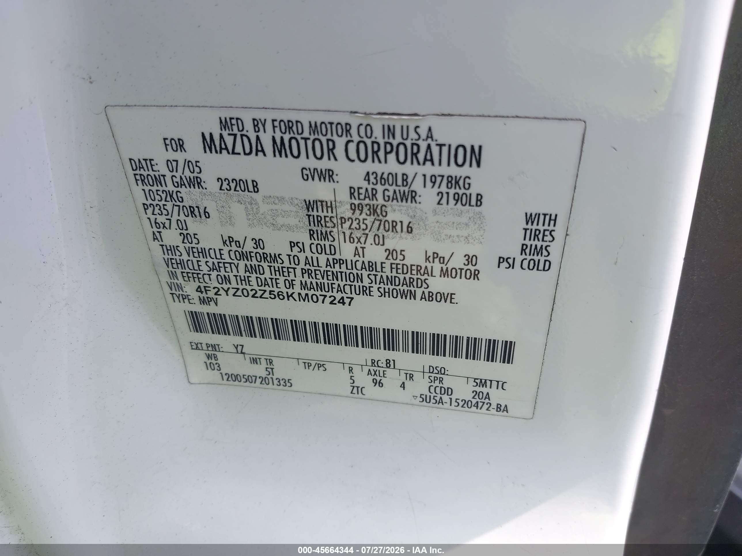 2006 Mazda Tribute I White vin: 4F2YZ02Z56KM07247