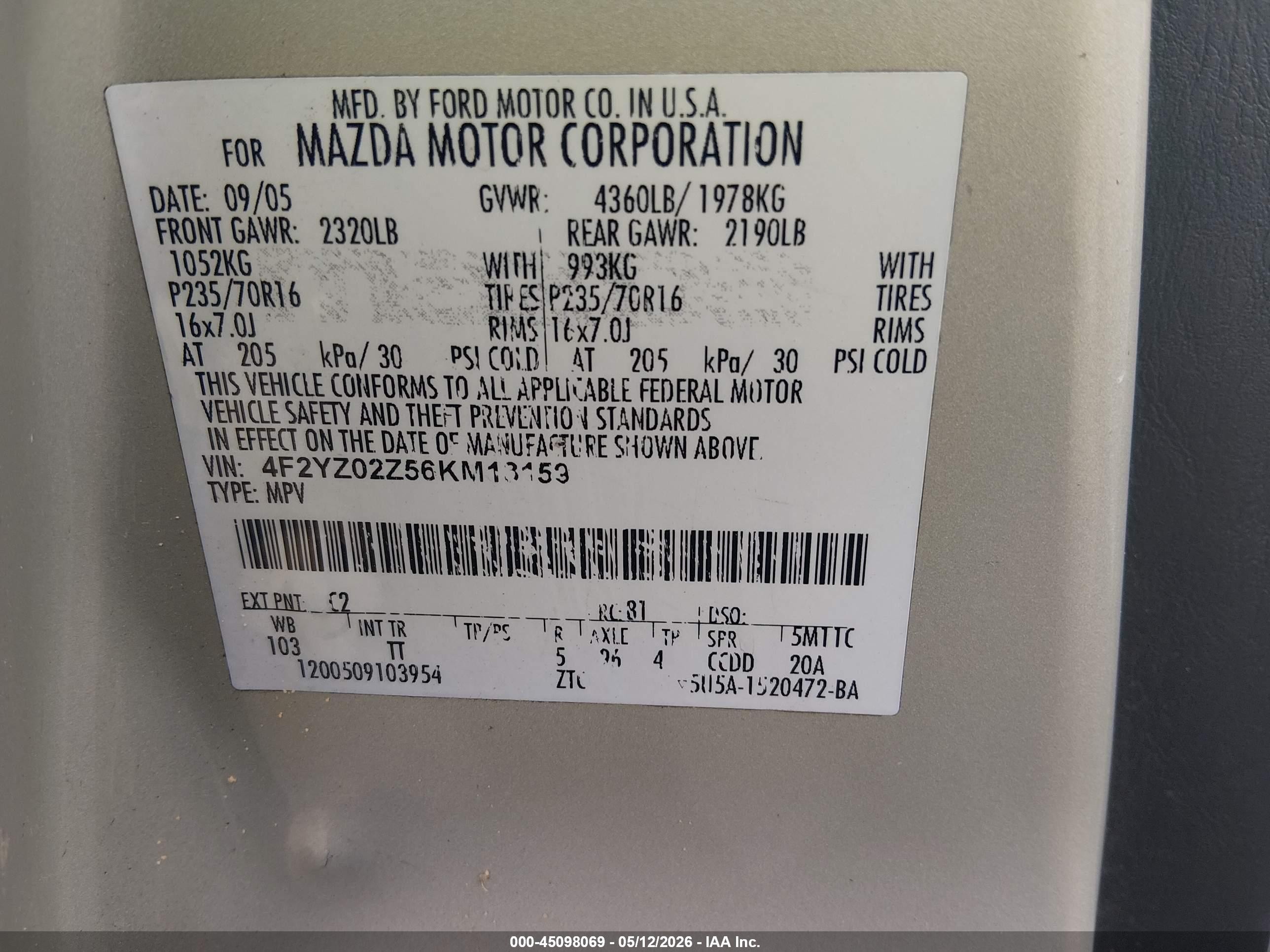 2006 Mazda Tribute I Tan vin: 4F2YZ02Z56KM13159