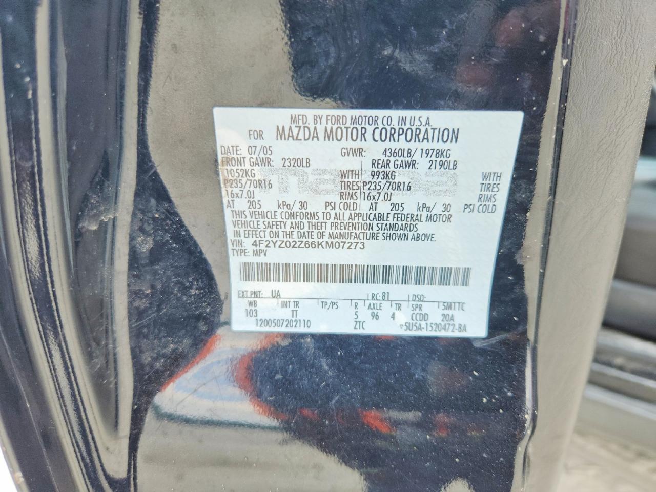 2006 Mazda Tribute I Black vin: 4F2YZ02Z66KM07273