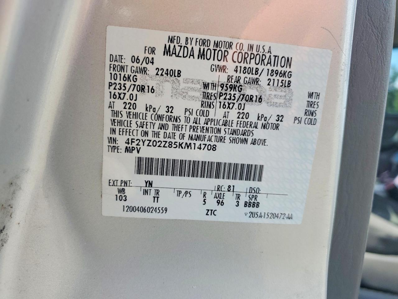 2005 Mazda Tribute I Silver vin: 4F2YZ02Z85KM14708