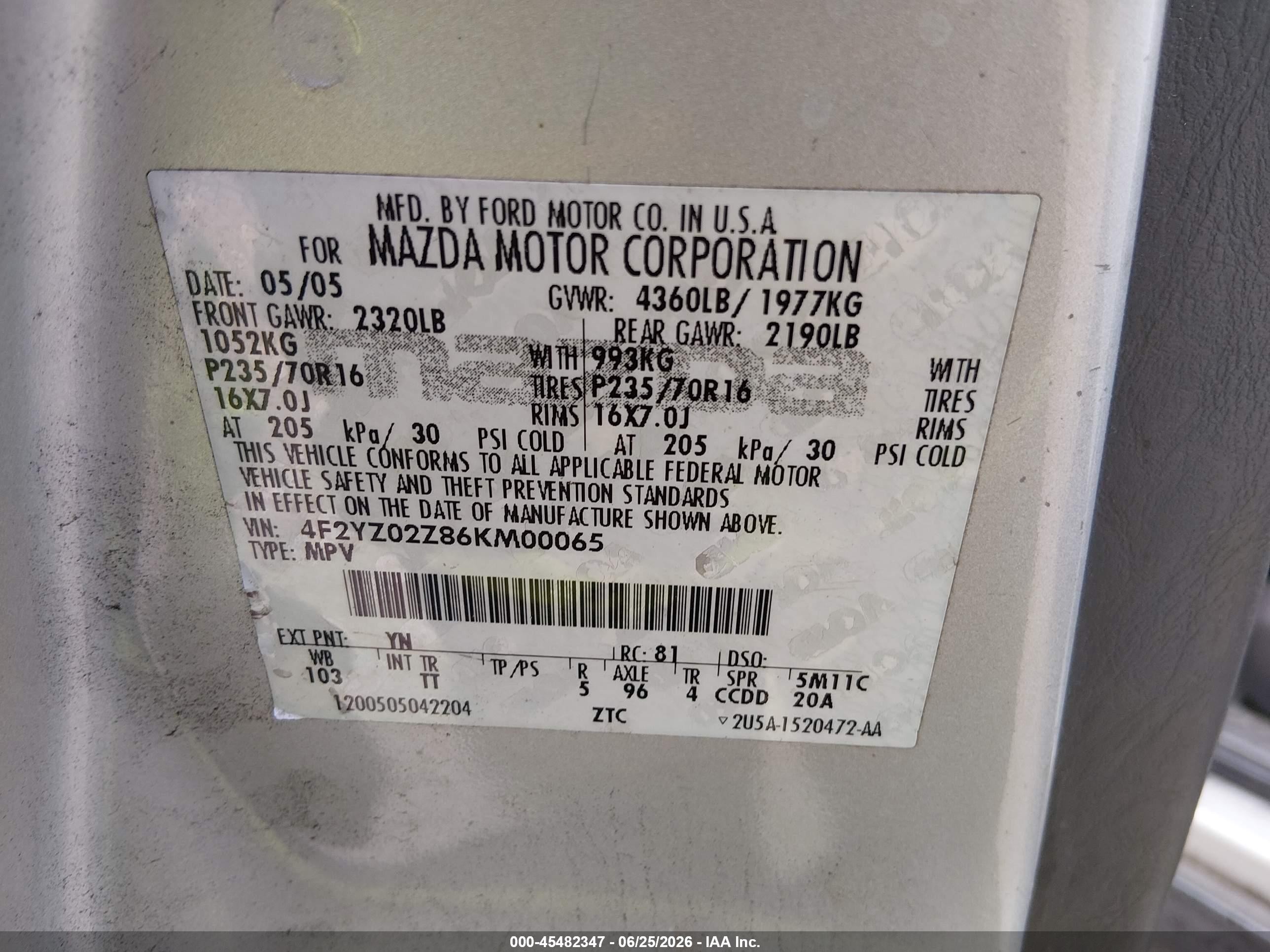 2006 Mazda Tribute I Серебряный vin: 4F2YZ02Z86KM00065