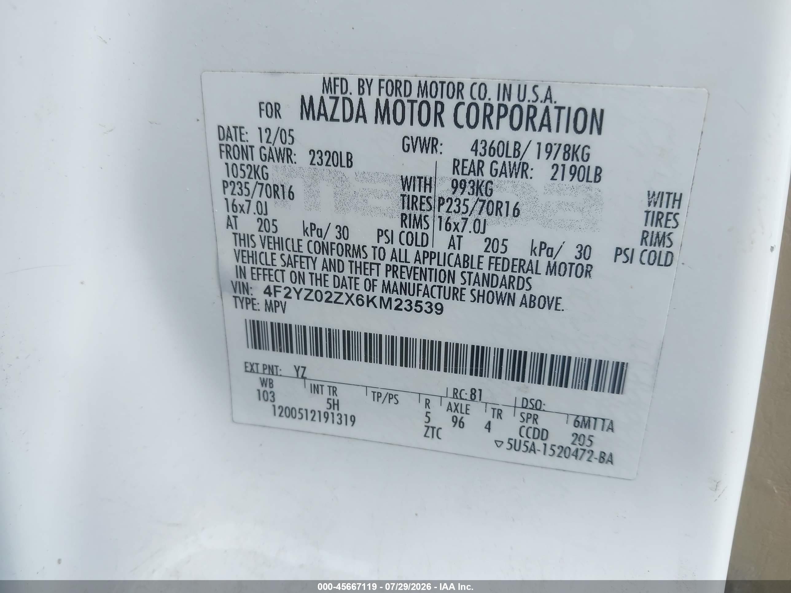 2006 Mazda Tribute I White vin: 4F2YZ02ZX6KM23539