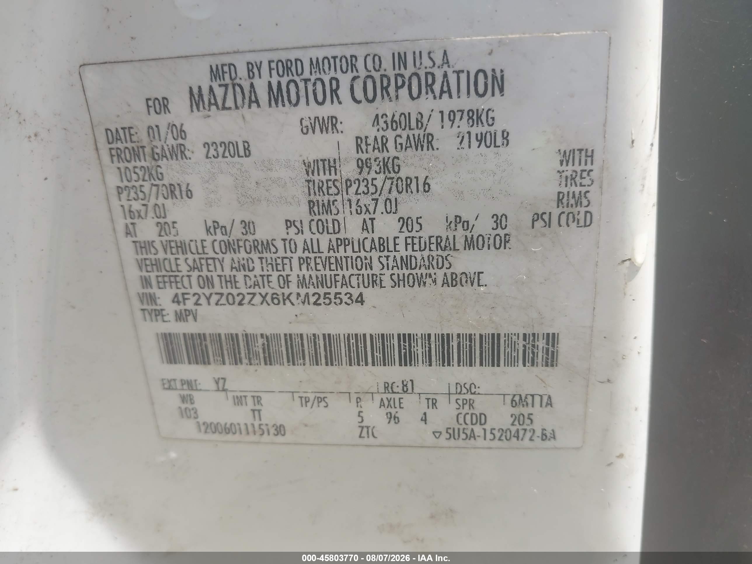 2006 Mazda Tribute I White vin: 4F2YZ02ZX6KM25534