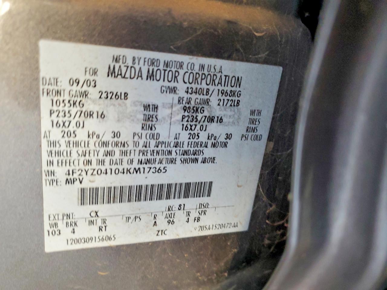 2004 Mazda Tribute Lx Серый vin: 4F2YZ04104KM17365
