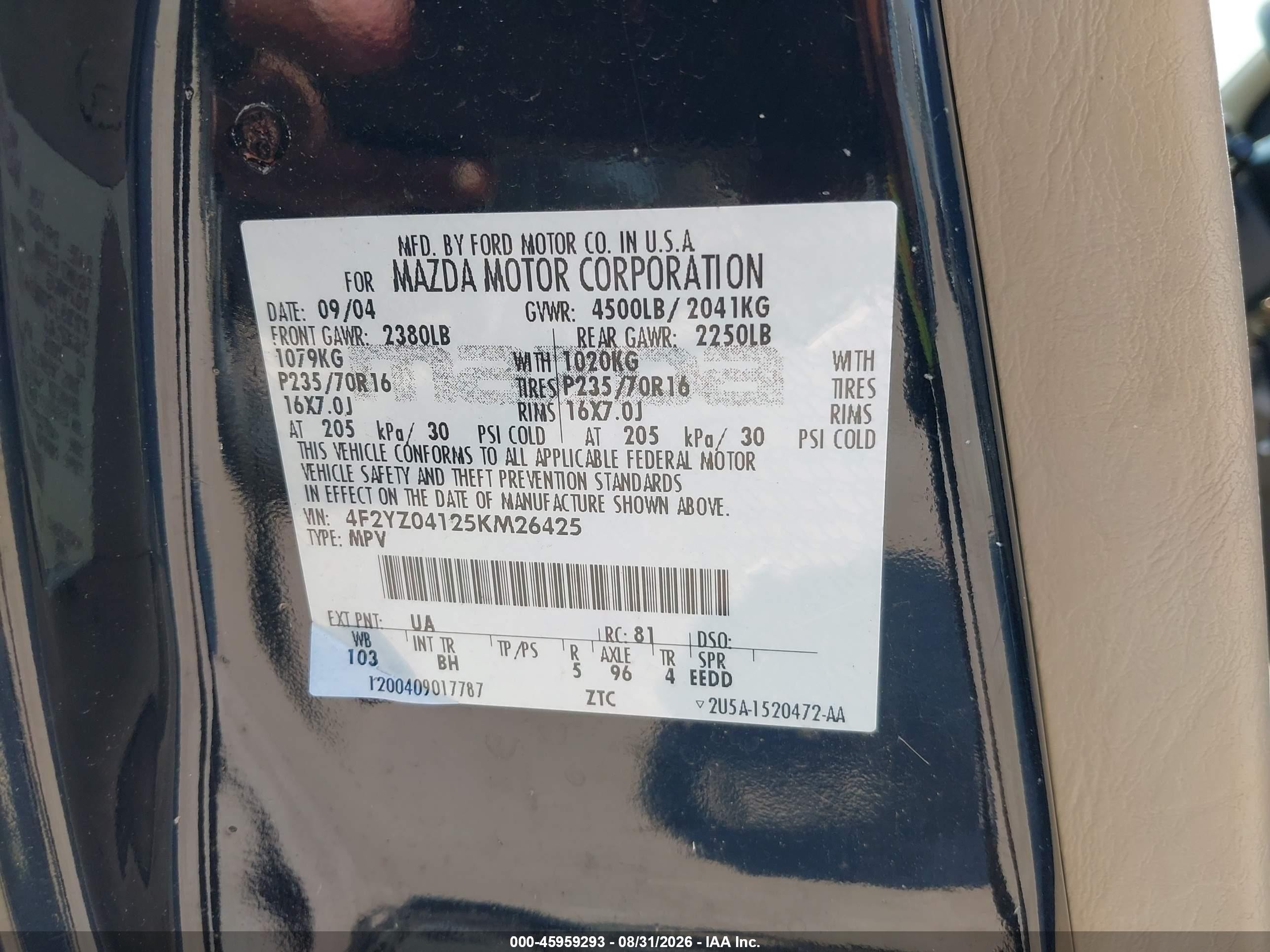 2005 Mazda Tribute S Black vin: 4F2YZ04125KM26425