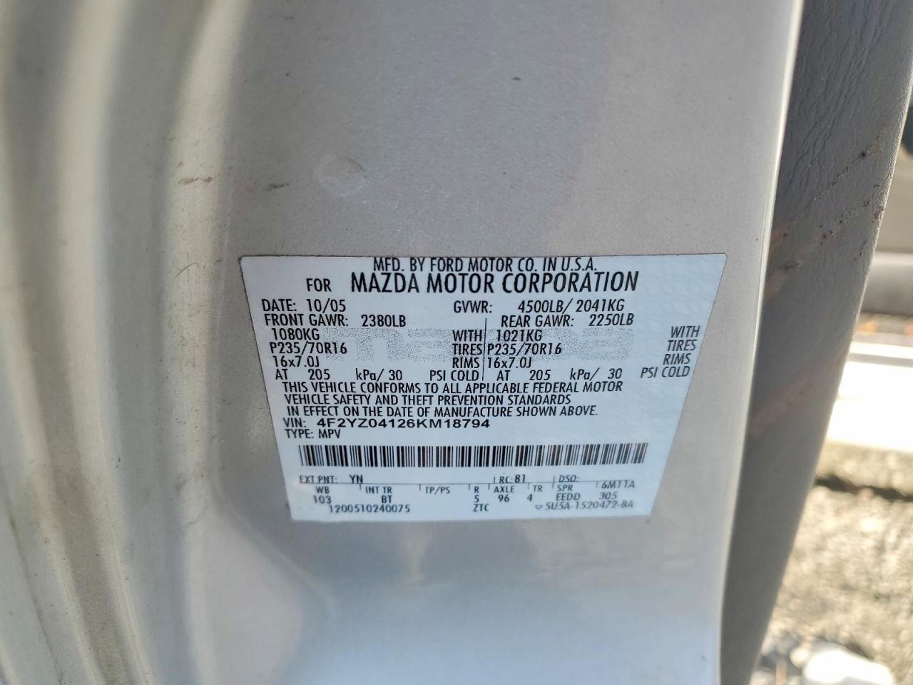 2006 Mazda Tribute S Silver vin: 4F2YZ04126KM18794