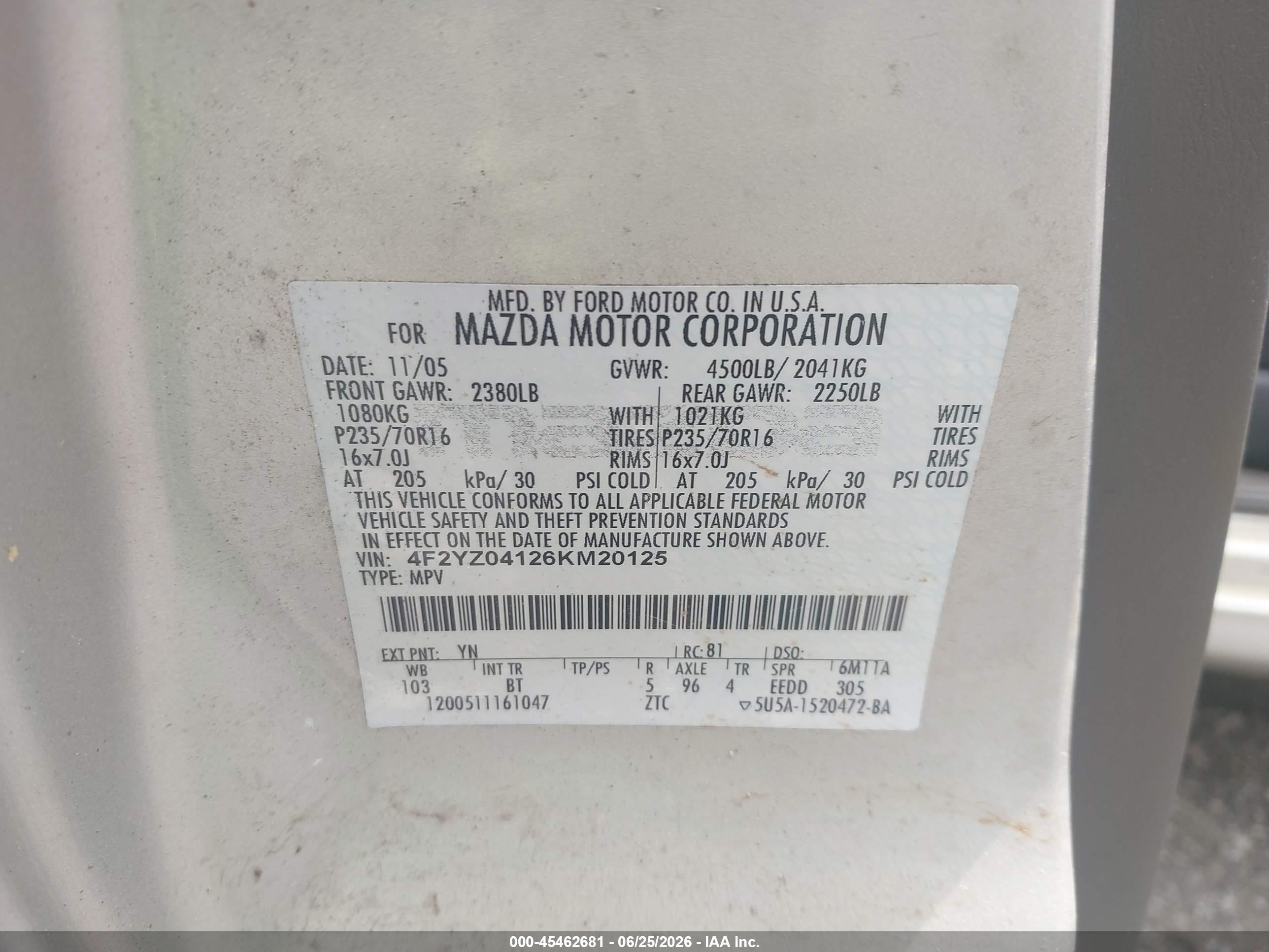 2006 Mazda Tribute S Silver vin: 4F2YZ04126KM20125