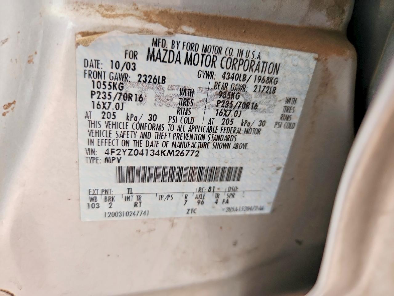 2004 Mazda Tribute Lx Серый vin: 4F2YZ04134KM26772