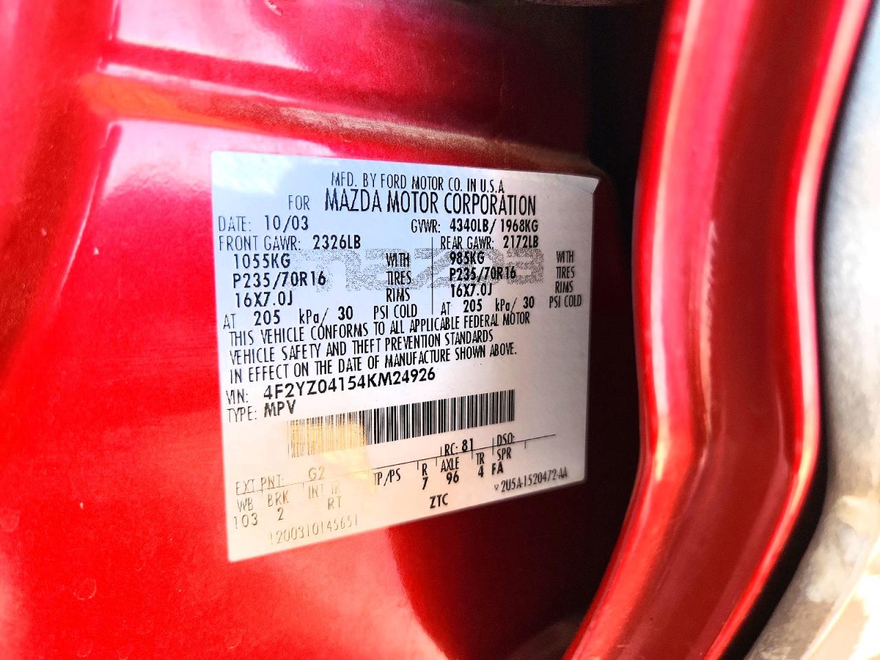 2004 Mazda Tribute Lx Красный vin: 4F2YZ04154KM24926