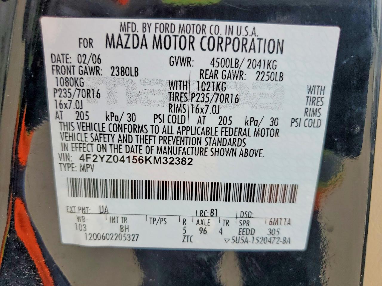 2006 Mazda Tribute S Black vin: 4F2YZ04156KM32382