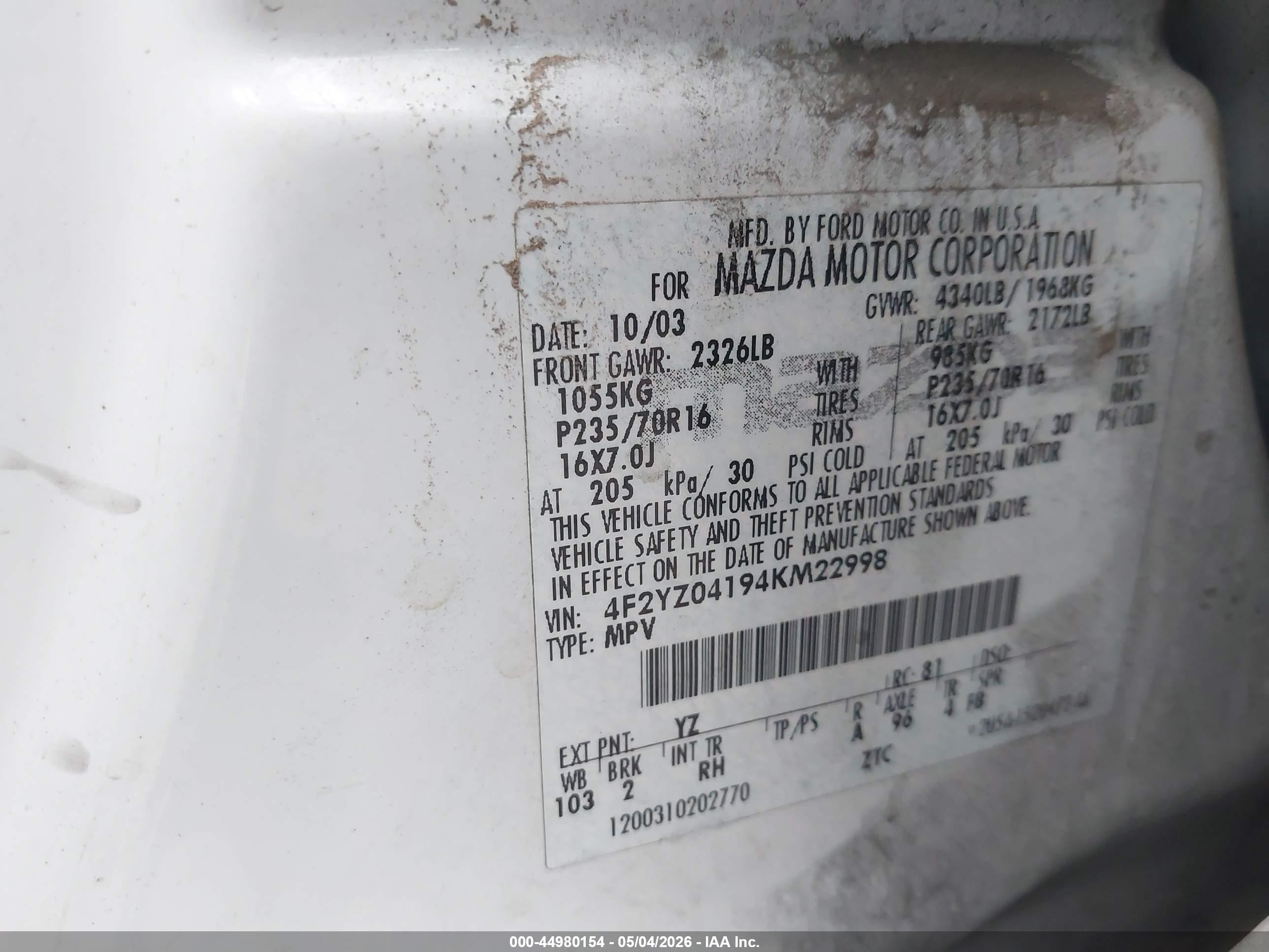 2004 Mazda Tribute Lx V6 White vin: 4F2YZ04194KM22998
