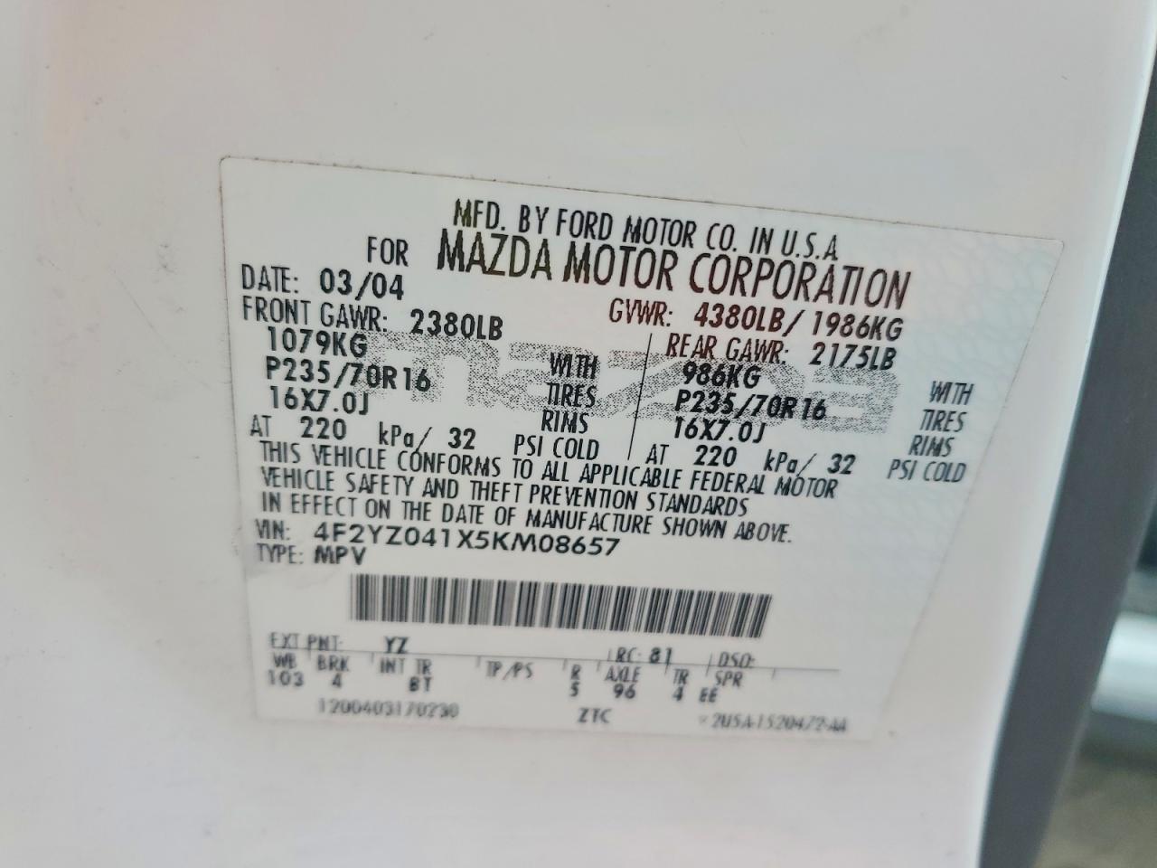 2005 Mazda Tribute S White vin: 4F2YZ041X5KM08657