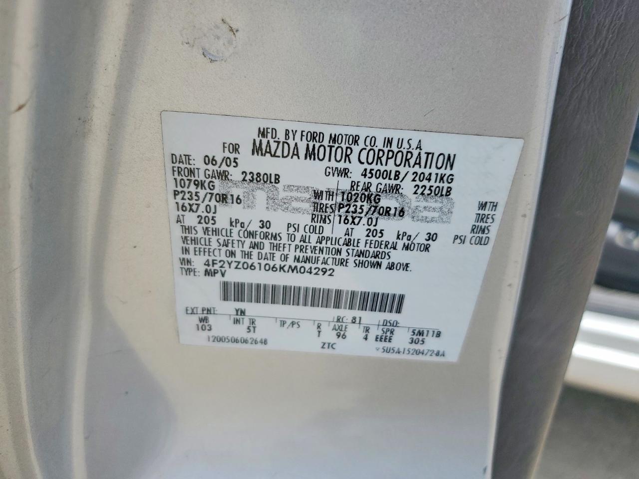 2006 Mazda Tribute S Серый vin: 4F2YZ06106KM04292