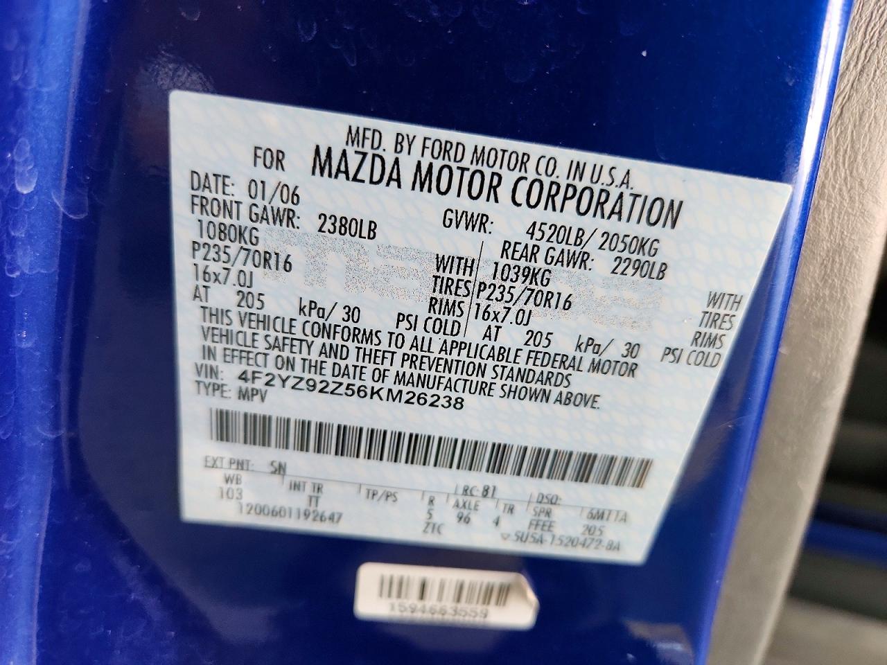 2006 Mazda Tribute I Blue vin: 4F2YZ92Z56KM26238