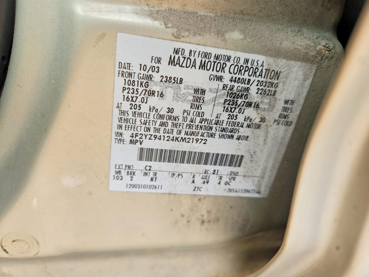 2004 Mazda Tribute Lx Cream vin: 4F2YZ94124KM21972