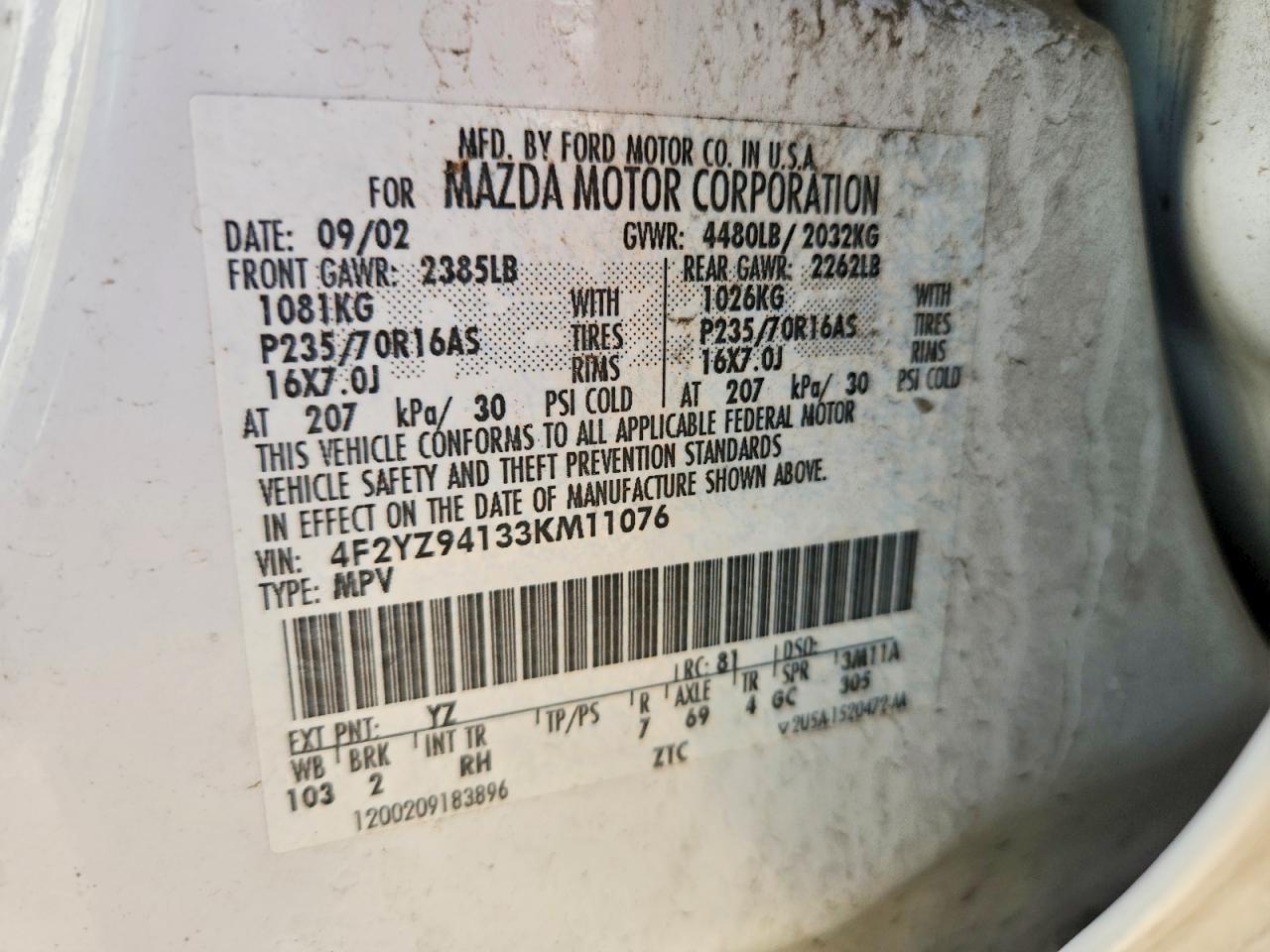 2003 Mazda Tribute Lx White vin: 4F2YZ94133KM11076