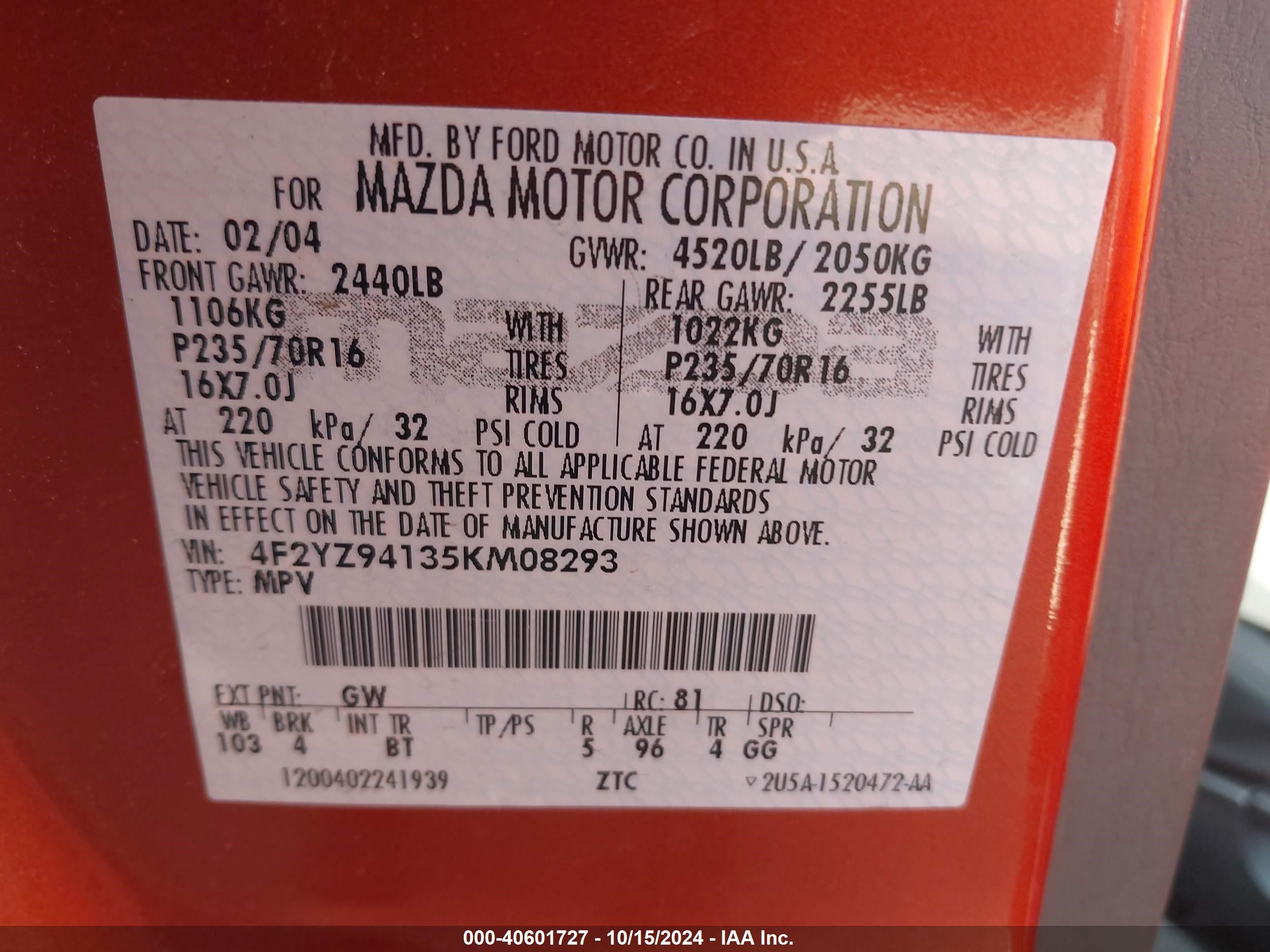 Price & History 2005 Mazda Tribute S 3.0l V-6 Dohc, 200hp vin