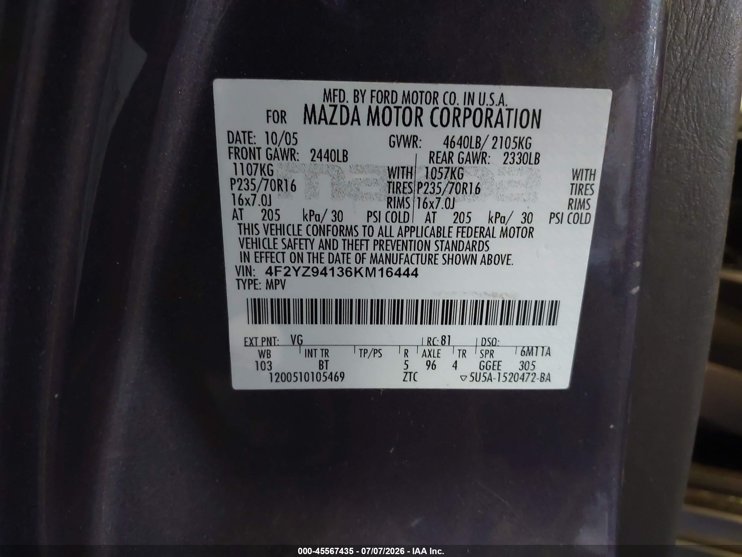 2006 Mazda Tribute S Gray vin: 4F2YZ94136KM16444