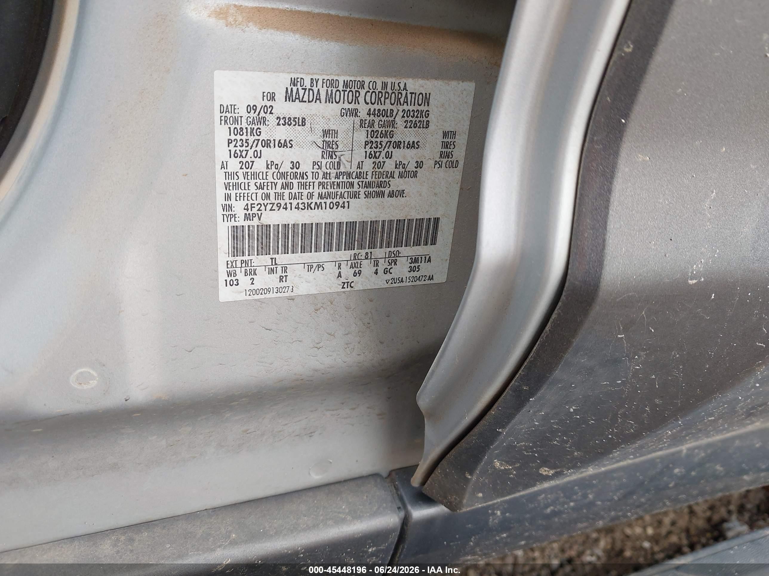 2003 Mazda Tribute Lx V6 Silver vin: 4F2YZ94143KM10941
