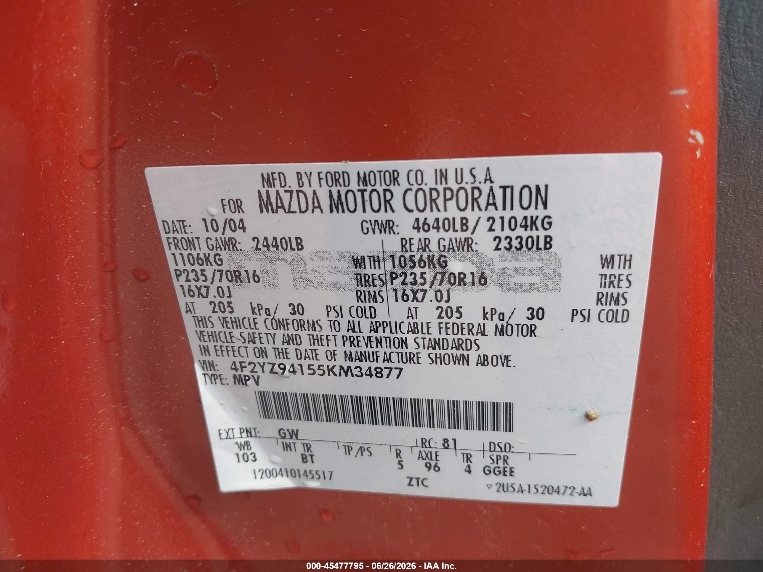 2005 Mazda Tribute S Orange vin: 4F2YZ94155KM34877