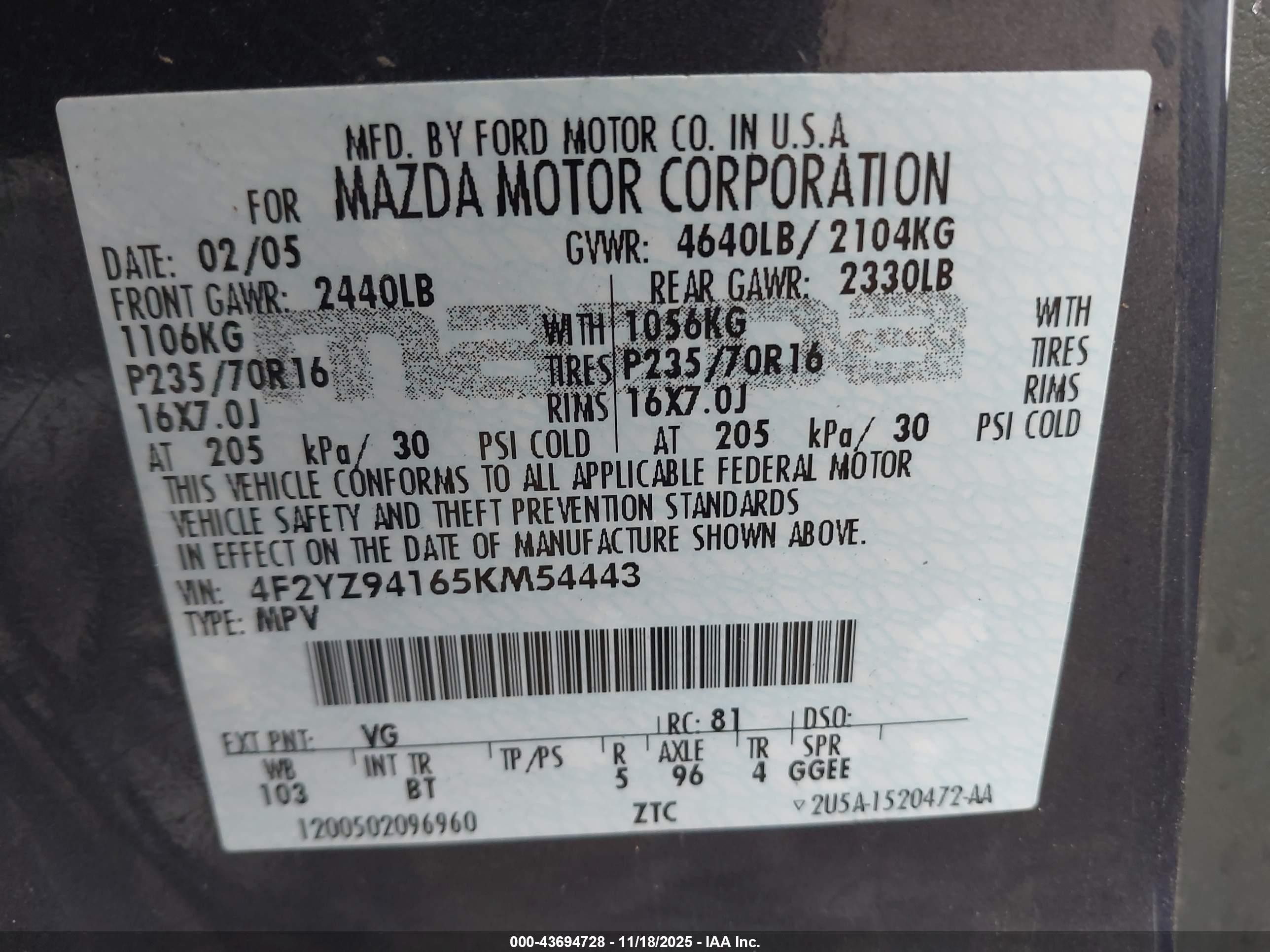2005 Mazda Tribute S Gray vin: 4F2YZ94165KM54443