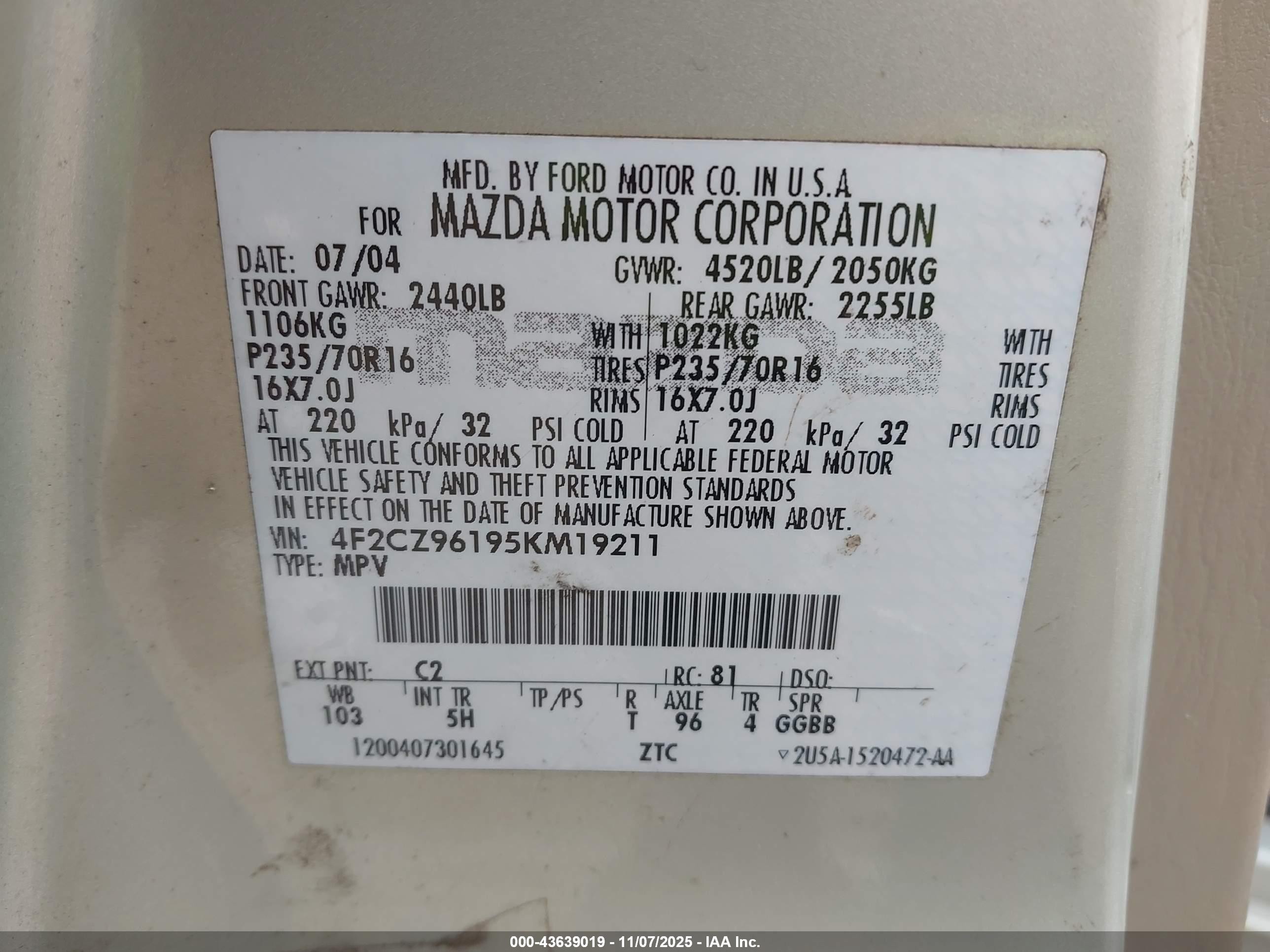 2005 Mazda Tribute S Tan vin: 4F2YZ96175KM40015