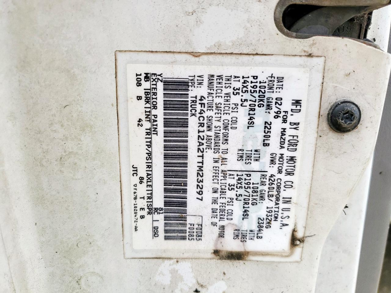 1996 Mazda B2300 White vin: 4F4CR12A2TTM23297