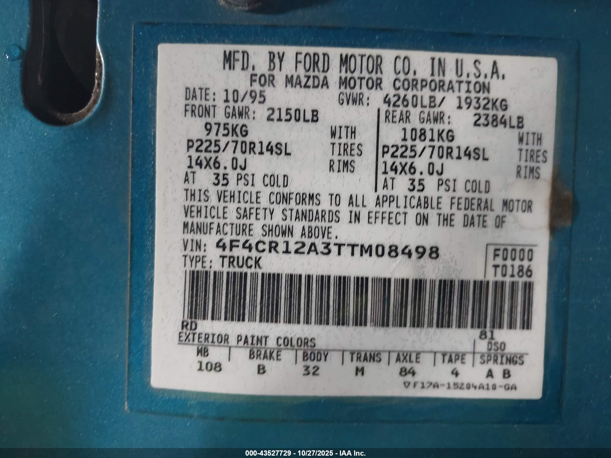 1996 Mazda B2300   Light Blue vin: 4F4CR12A3TTM08498