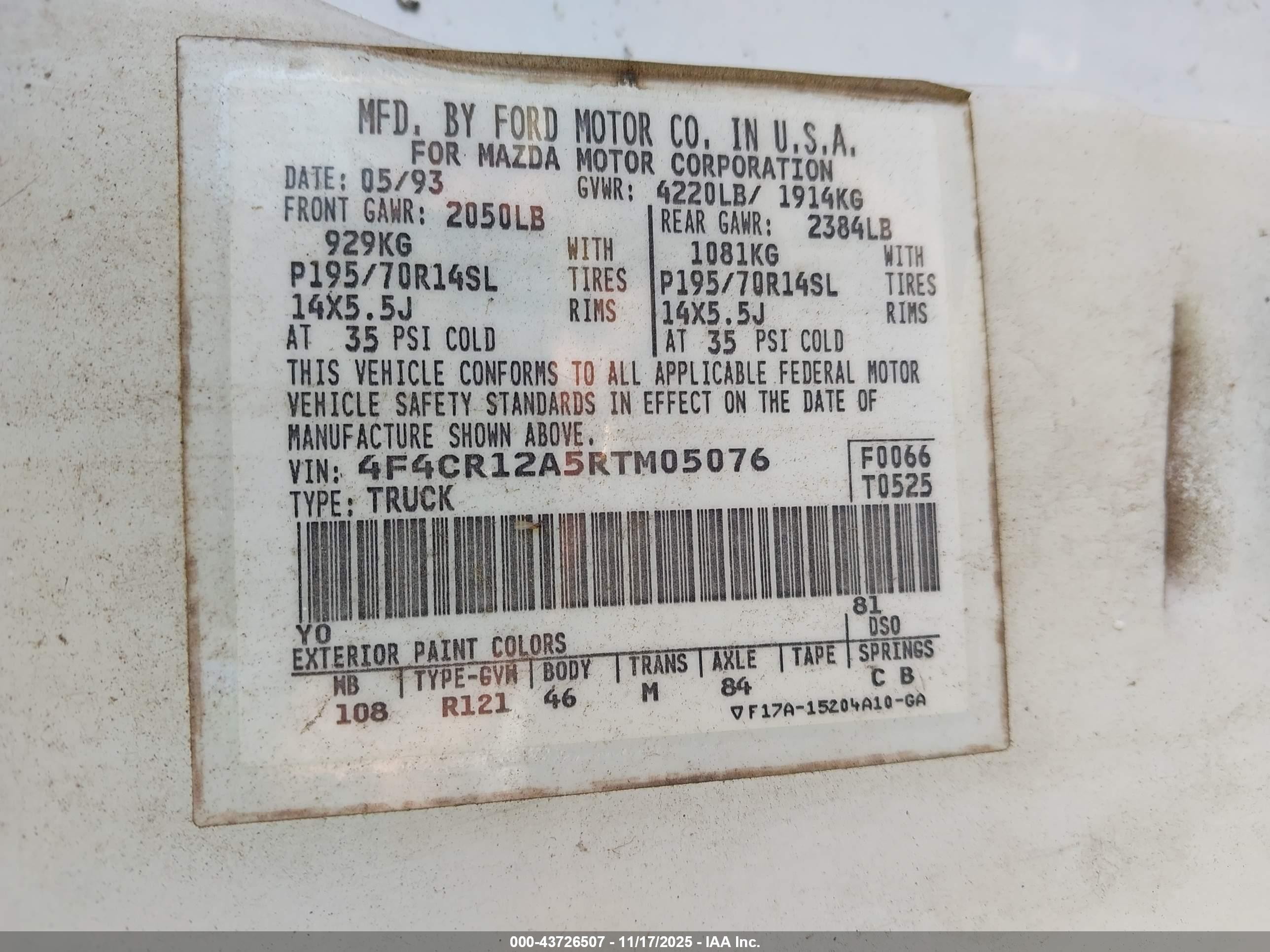 1994 Mazda B2300   Белый vin: 4F4CR12A5RTM05076