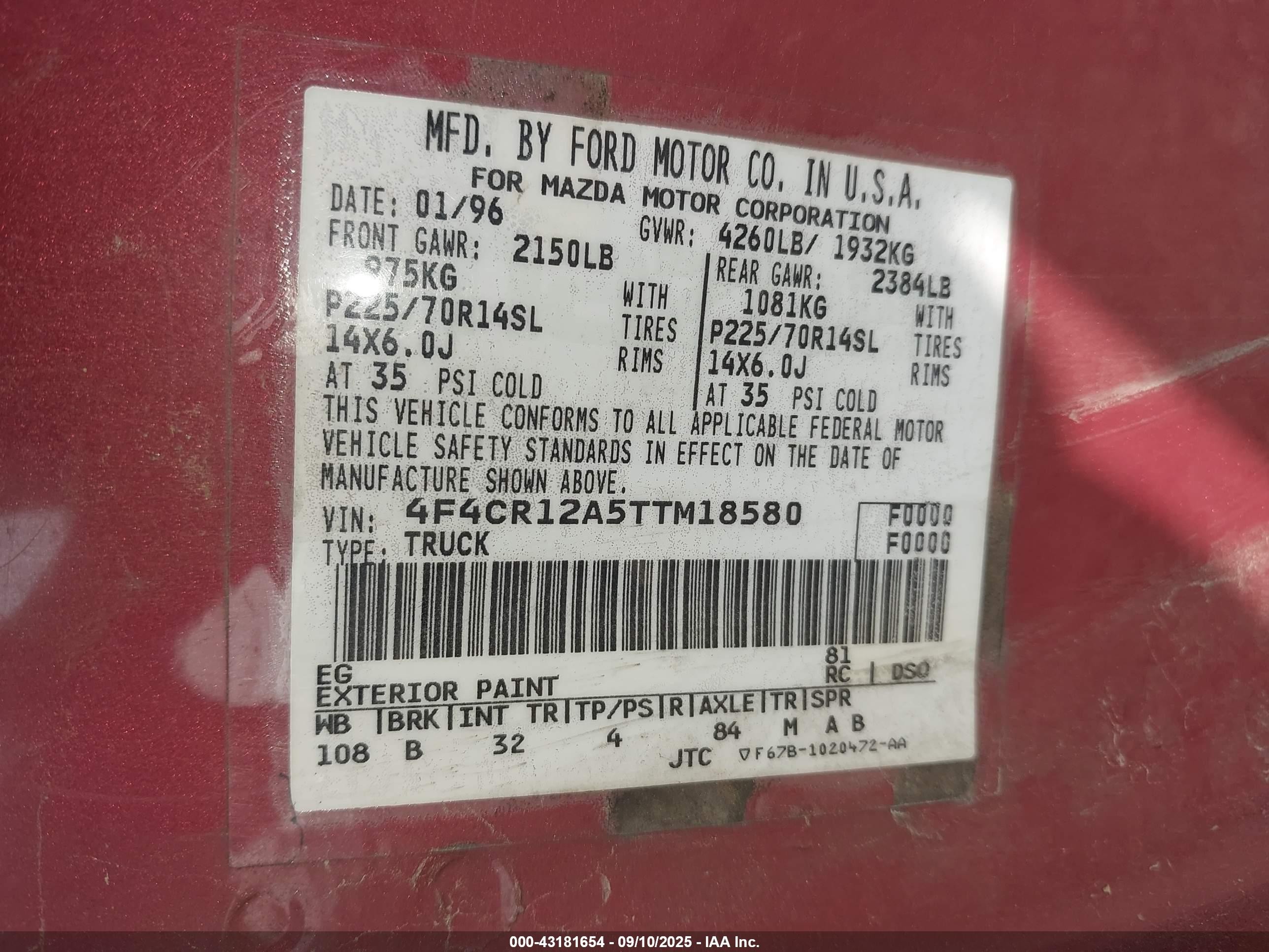 1996 Mazda B2300   Burgundy vin: 4F4CR12A5TTM18580
