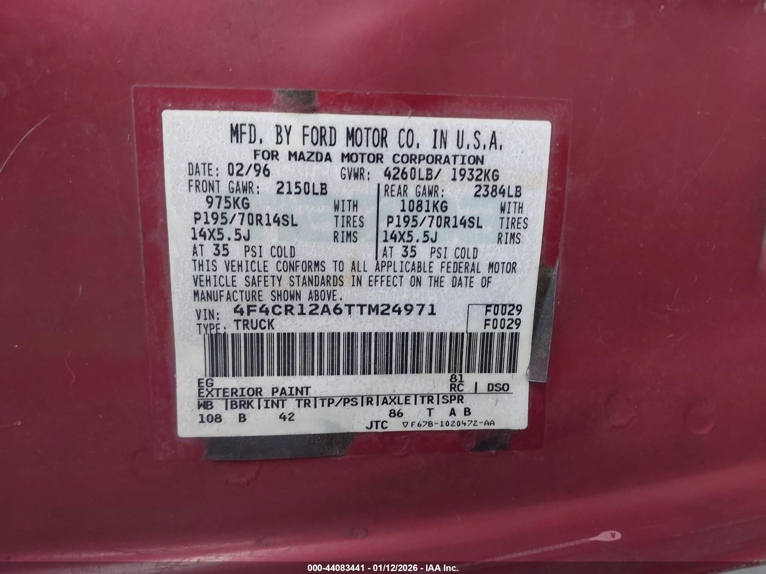 1996 Mazda B2300   Burgundy vin: 4F4CR12A6TTM24971