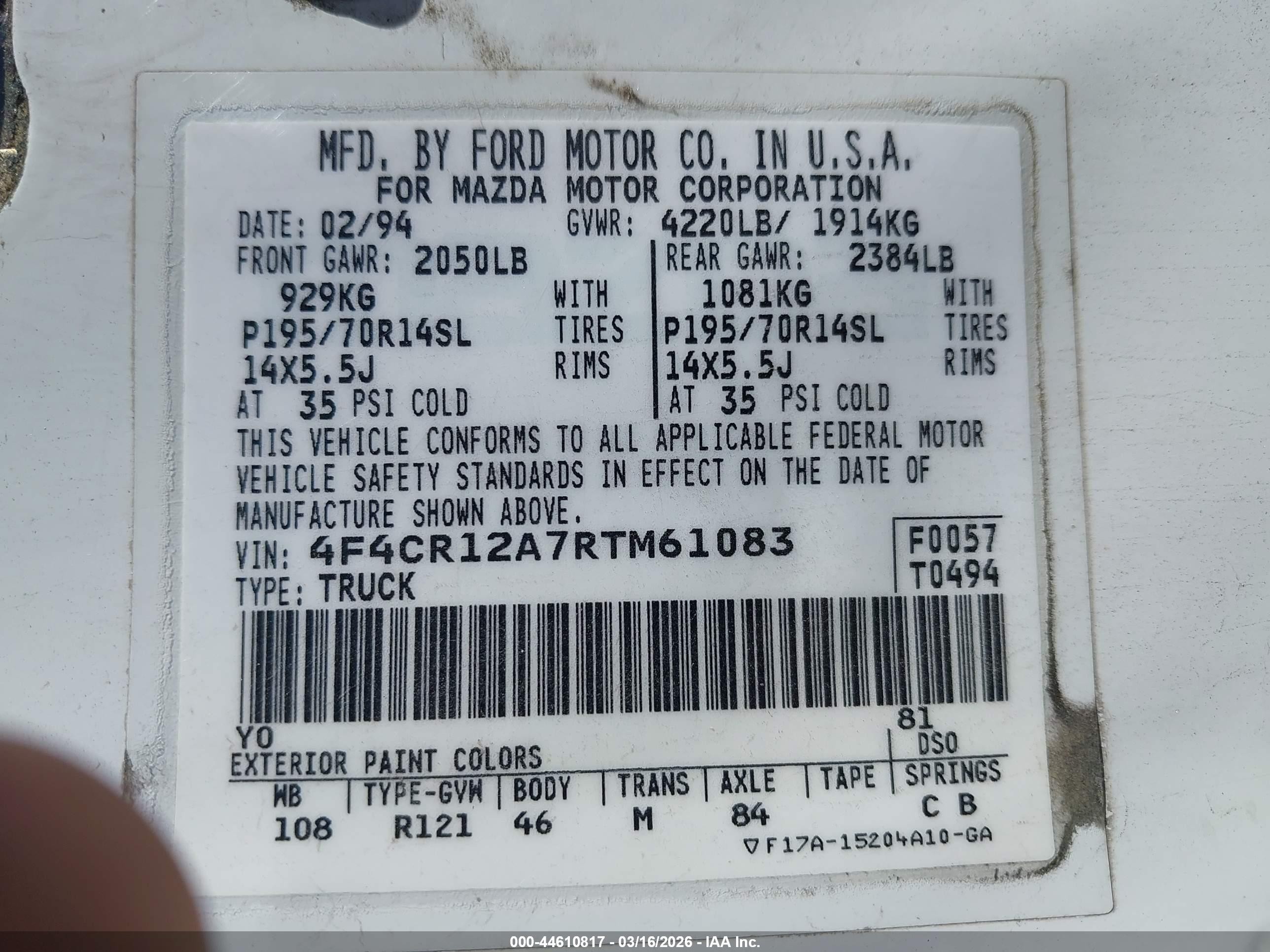 1994 Mazda B2300   White vin: 4F4CR12A7RTM61083