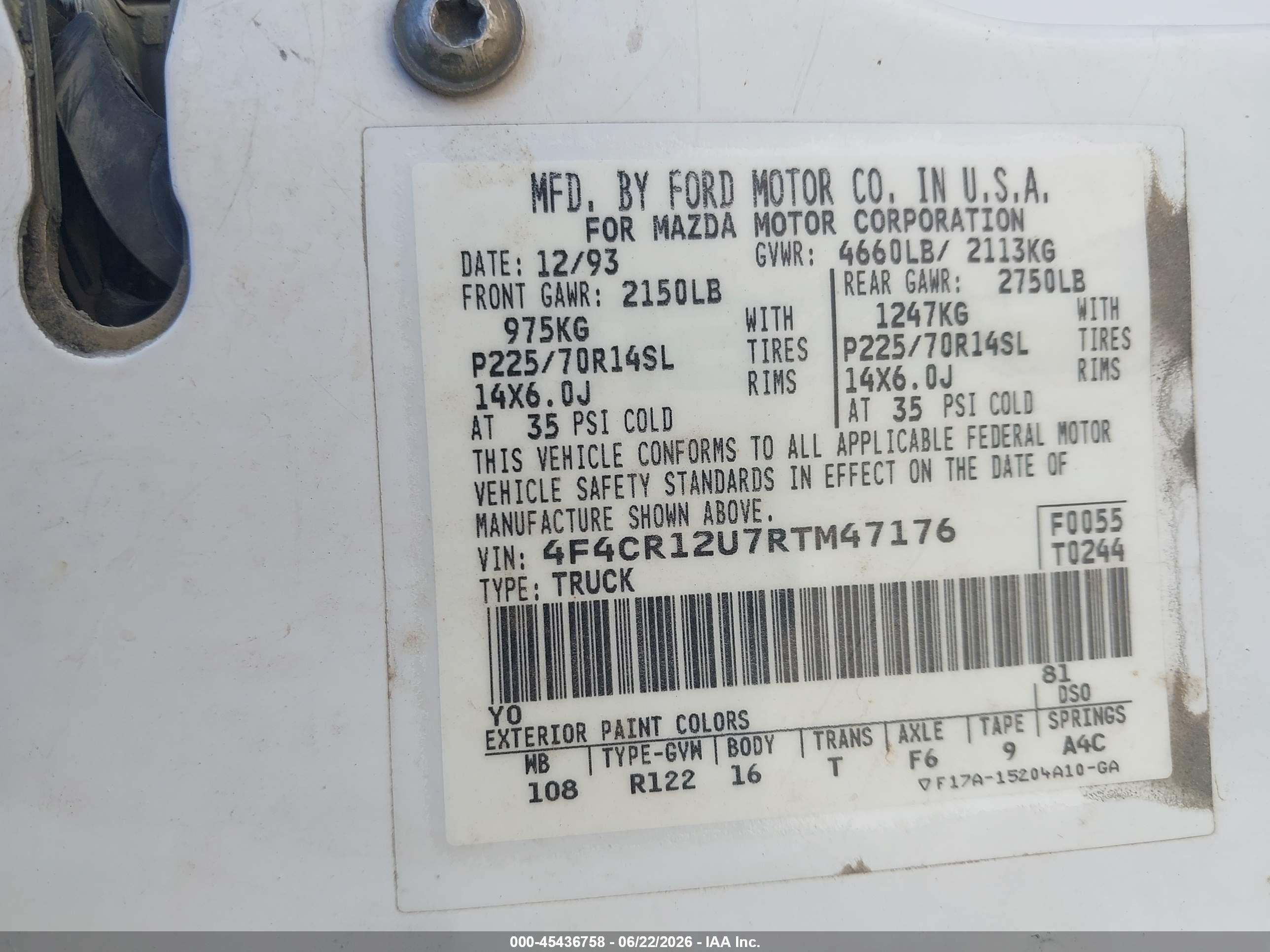 1994 Mazda B3000   White vin: 4F4CR12U7RTM47176
