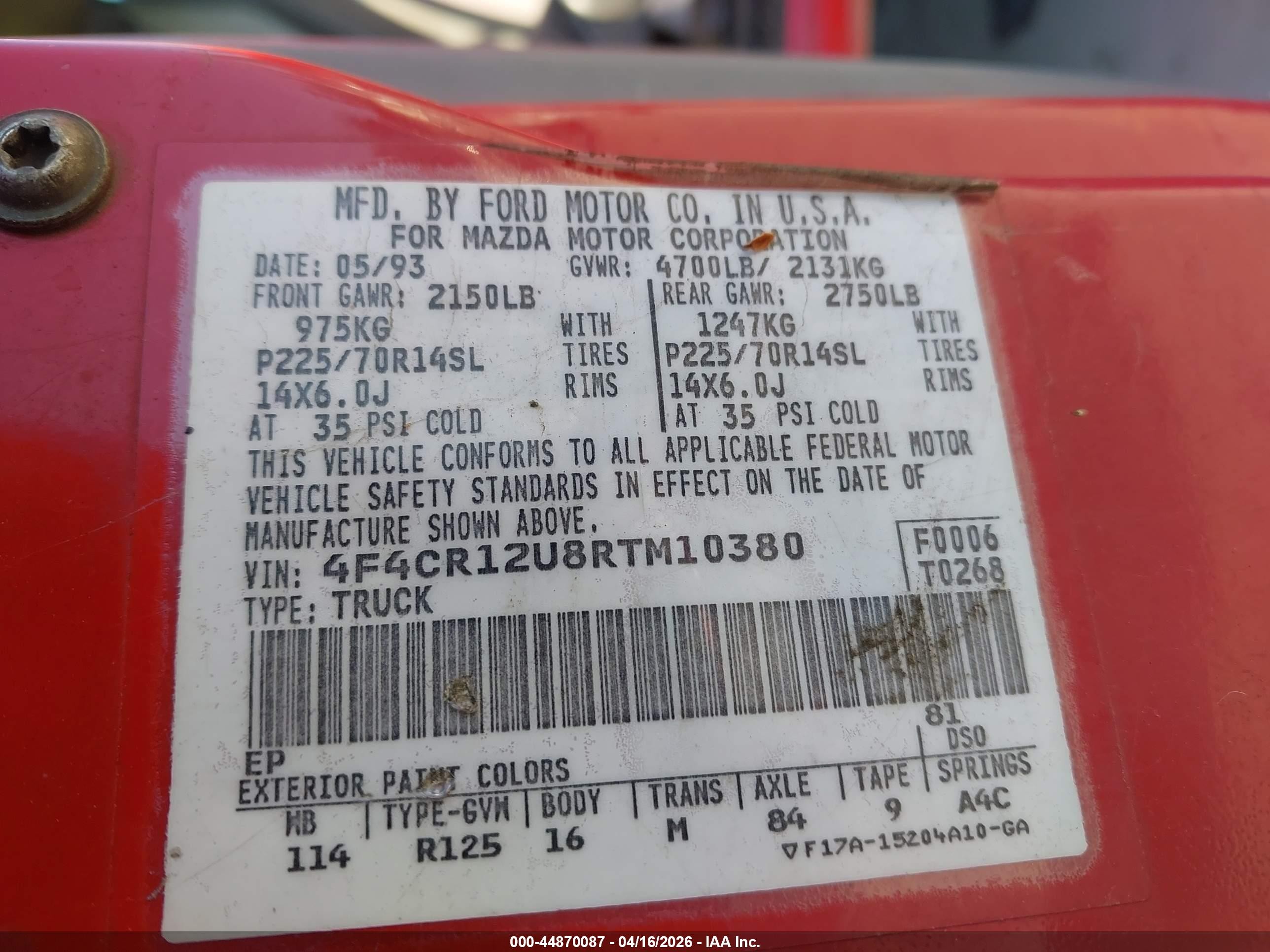 1994 Mazda B3000   Red vin: 4F4CR12U8RTM10380