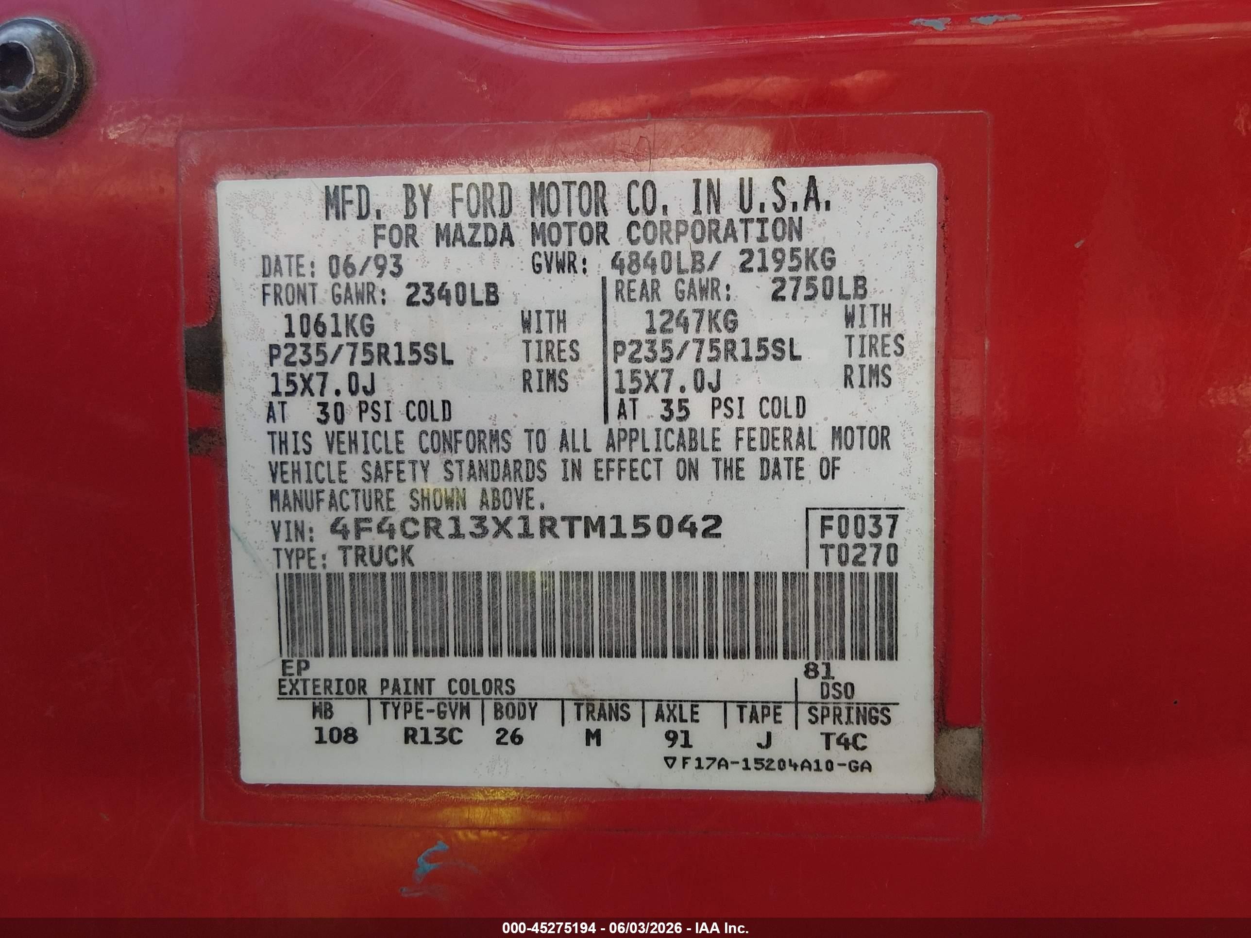 1994 Mazda B4000   Red vin: 4F4CR13X1RTM15042