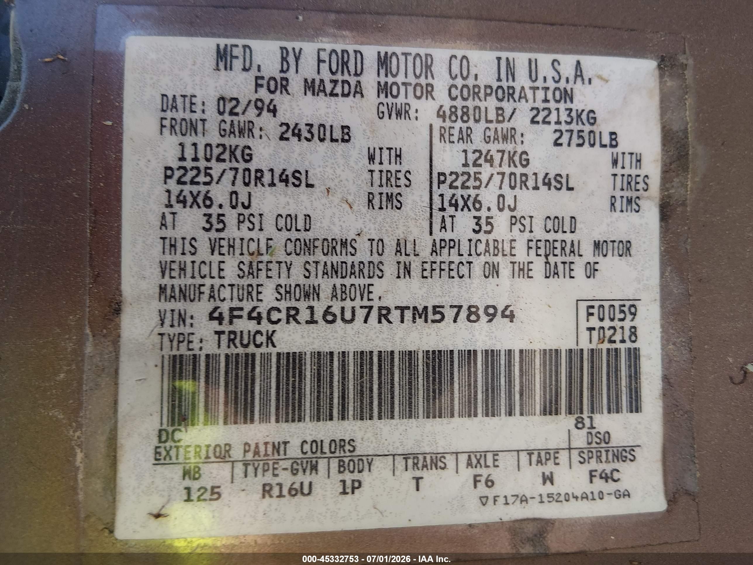1994 Mazda B3000 Cab Plus Brown vin: 4F4CR16U7RTM57894