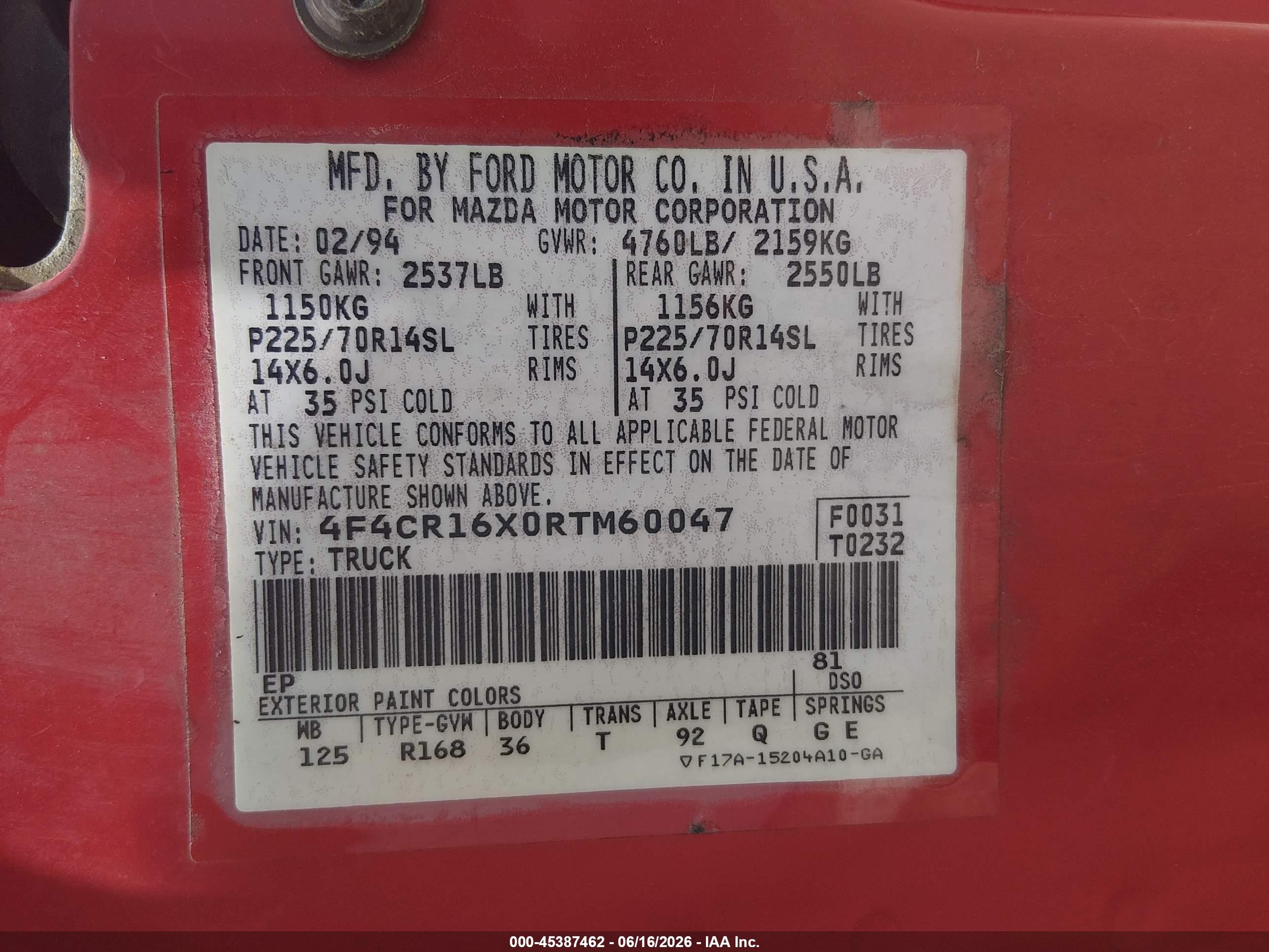 1994 Mazda B4000 Cab Plus Red vin: 4F4CR16X0RTM60047