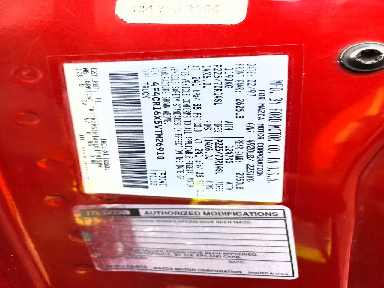 1997 Mazda B4000 Cab Plus Red vin: 4F4CR16X5VTM26910