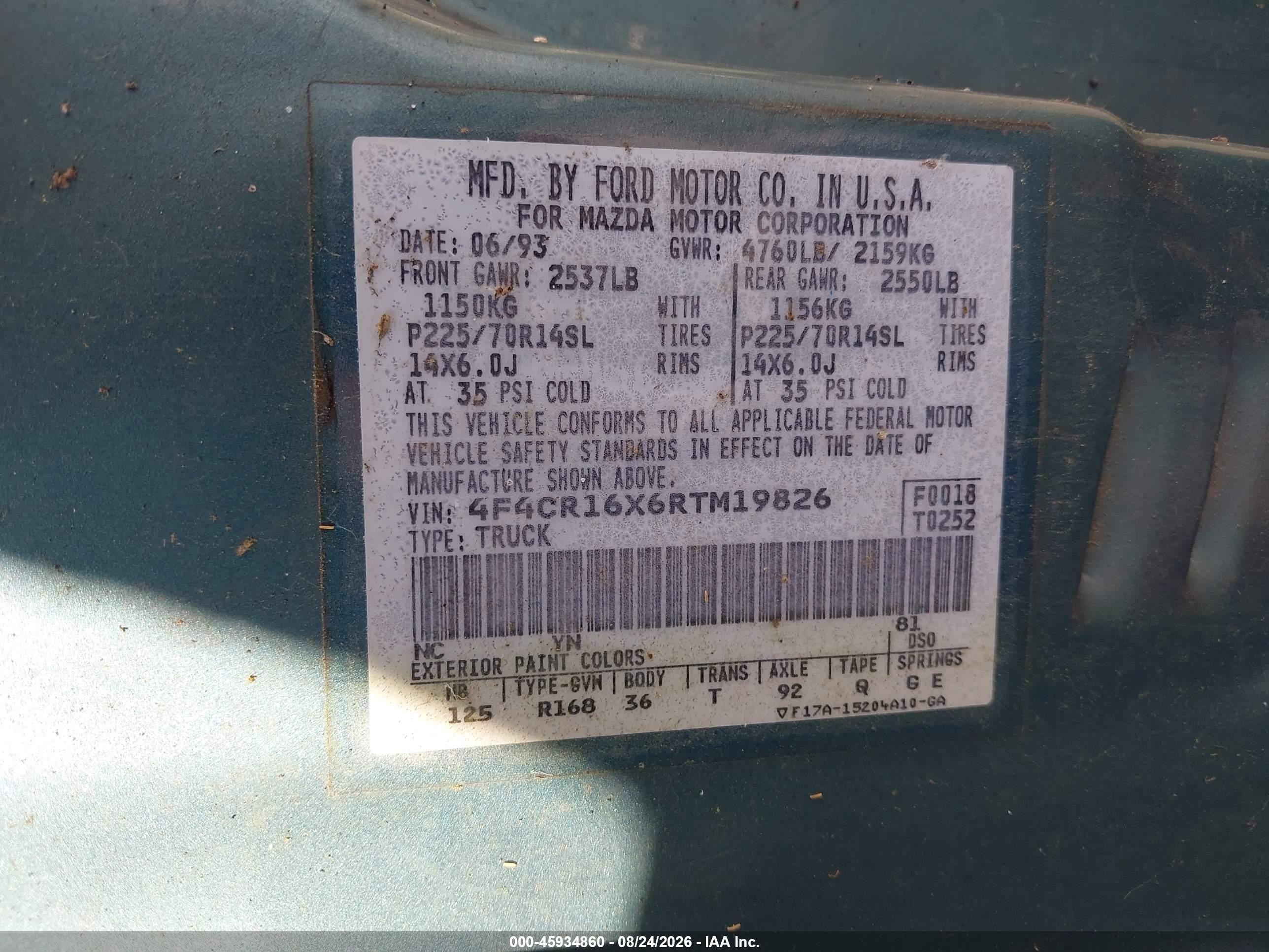 1994 Mazda B4000 Cab Plus Green vin: 4F4CR16X6RTM19826