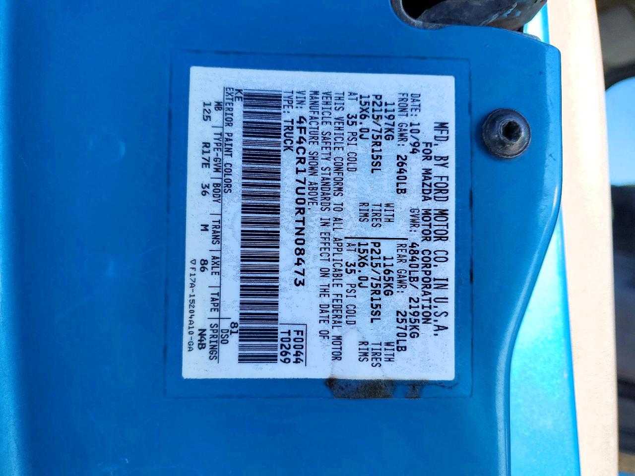 1994 Mazda B3000 Blue vin: 4F4CR17U0RTN08473