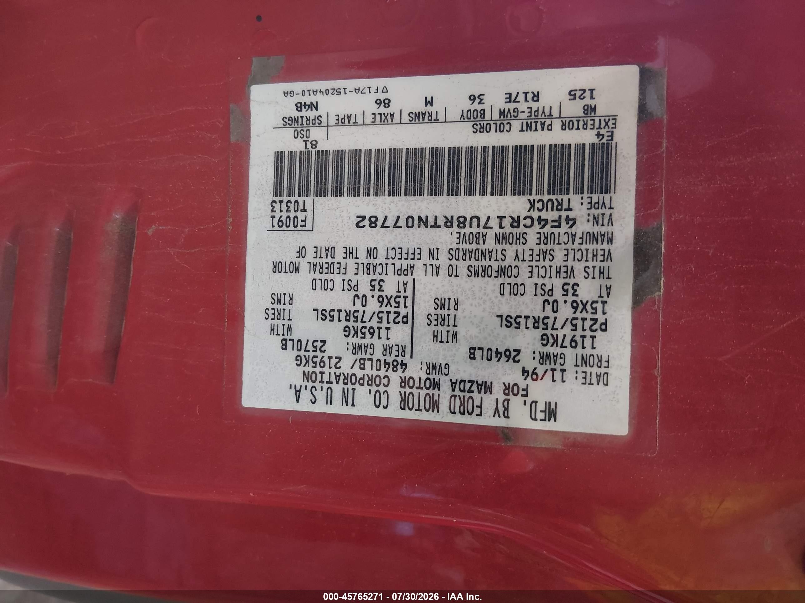 1994 Mazda B3000 Cab Plus Red vin: 4F4CR17U8RTN07782