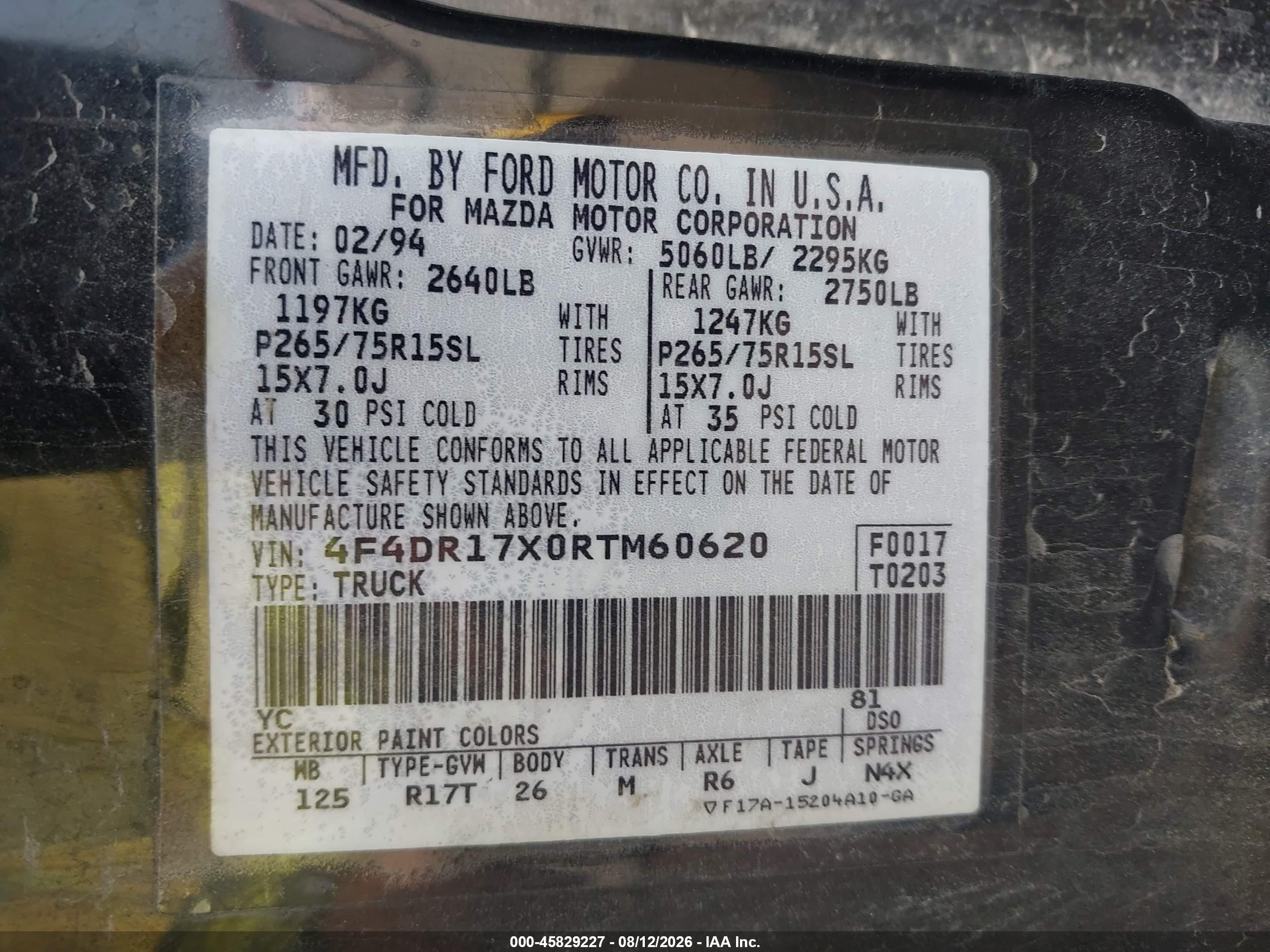 1994 Mazda B4000 Cab Plus Black vin: 4F4DR17X0RTM60620