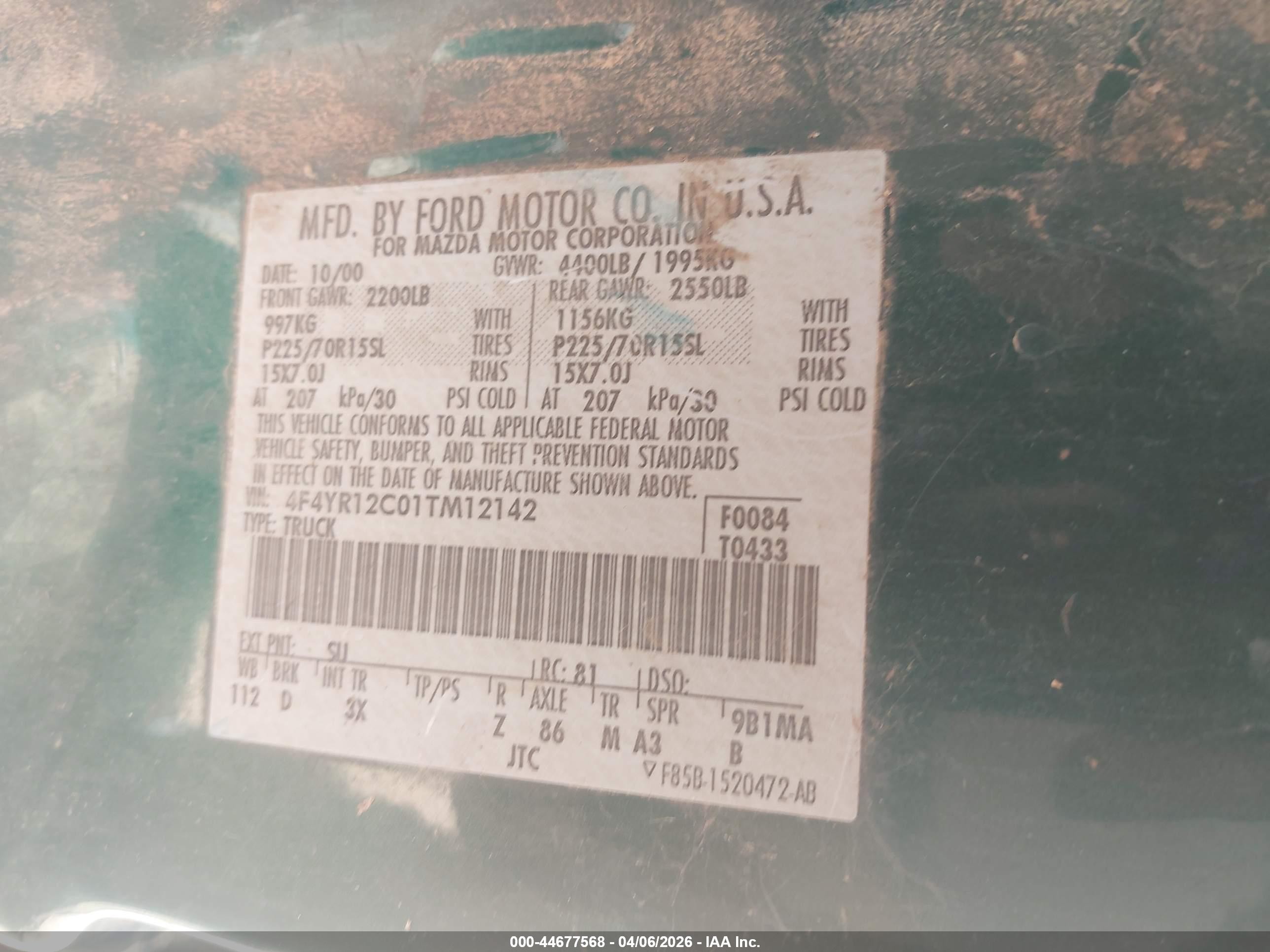 2001 Mazda B2300 Se/sx Green vin: 4F4YR12C01TM12142