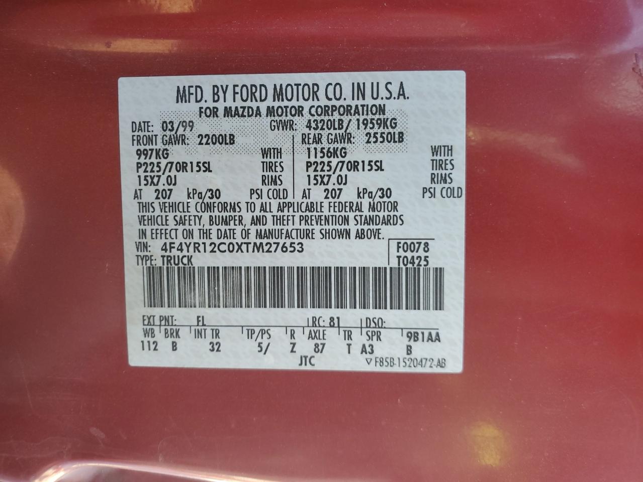 1999 Mazda B2500 Burgundy vin: 4F4YR12C0XTM27653