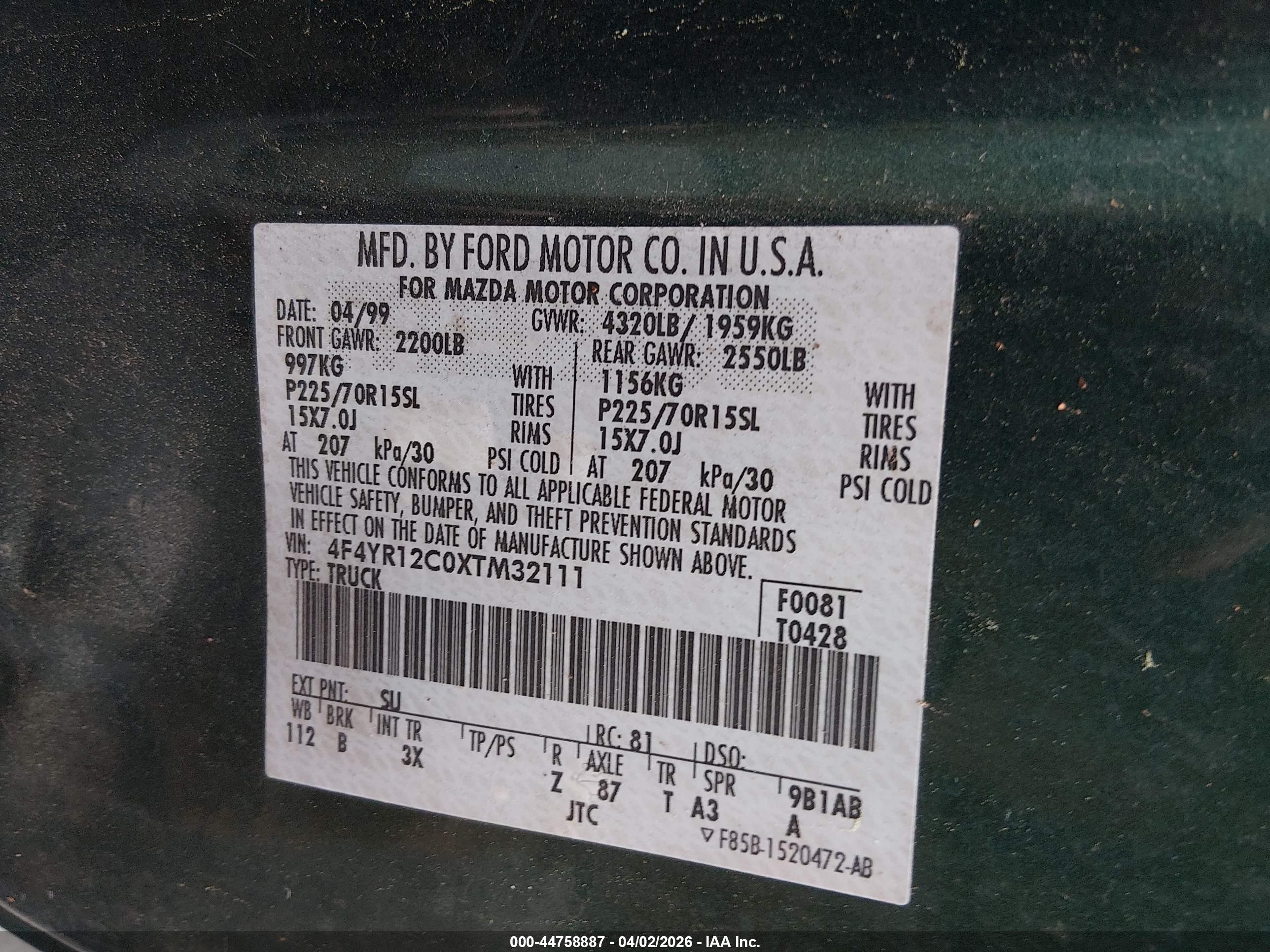 1999 Mazda B2500 Se/sx/tl Green vin: 4F4YR12C0XTM32111