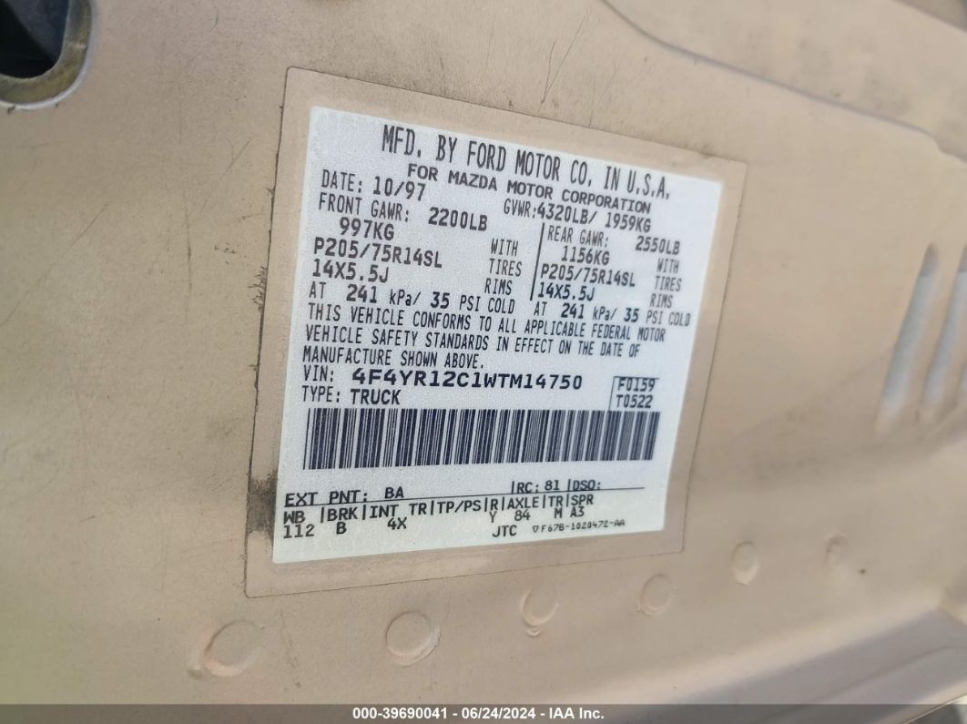1998 Mazda B2500 Se/sx Champagne vin: 4F4YR12C1WTM14750